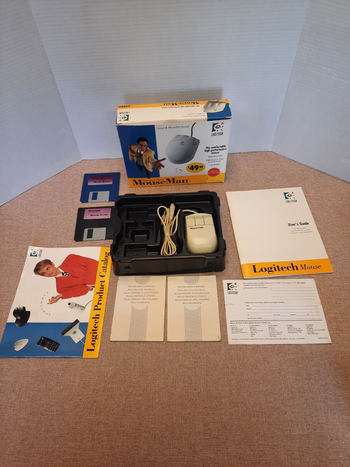 1994 #1183 Logitech Mouseman Wired Mouse In Box Wires Manual Install Disc