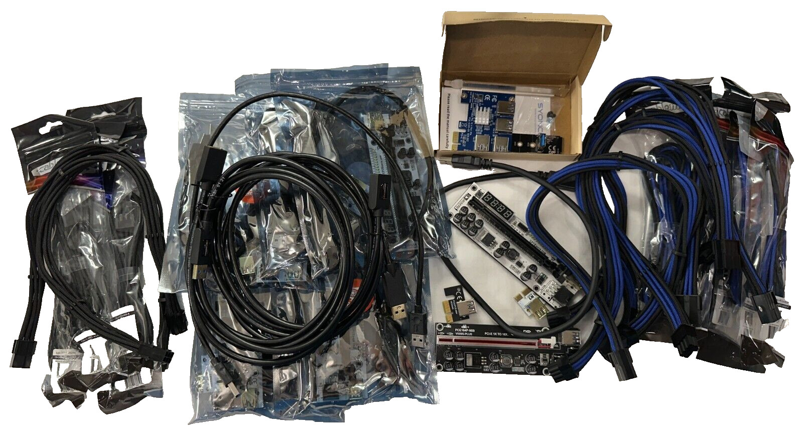 Lot of GPU Risers and Cablemod Braided PCI-E Extensions and Cables 6 and 8 Pin