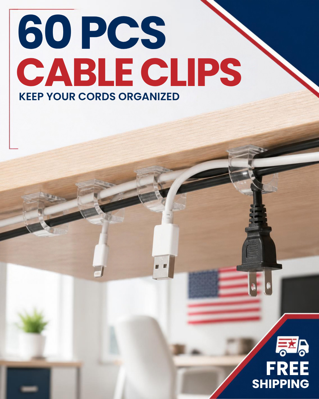 60Pcs Clear Self-Adhesive Cable Clips Cord Wire Holder Organizer Desk Wall