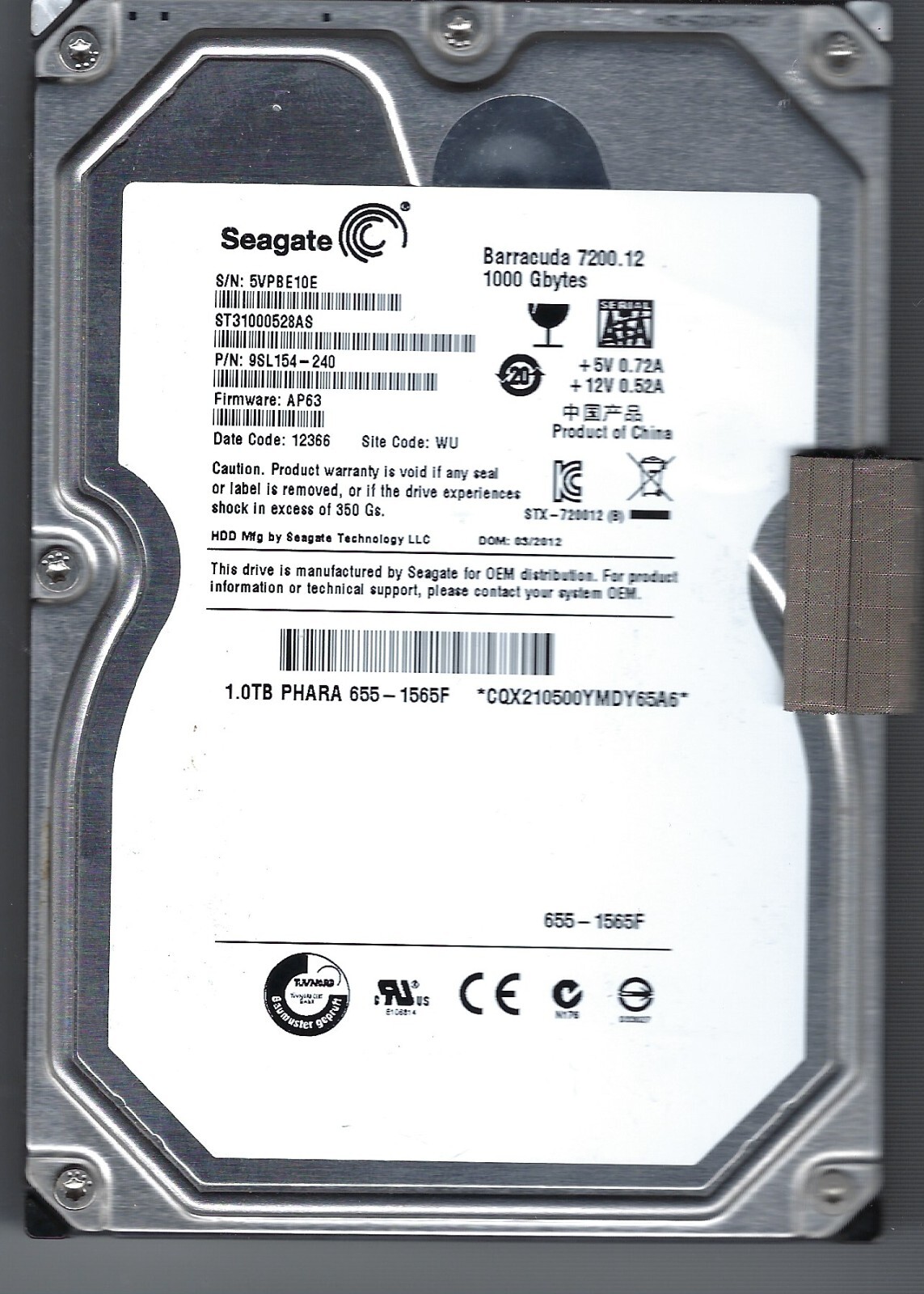 Seagate ST31000528AS 9SL154-240 FW:AP63 SU Apple#655-1565F 1000gb 3.5" Sata HDD