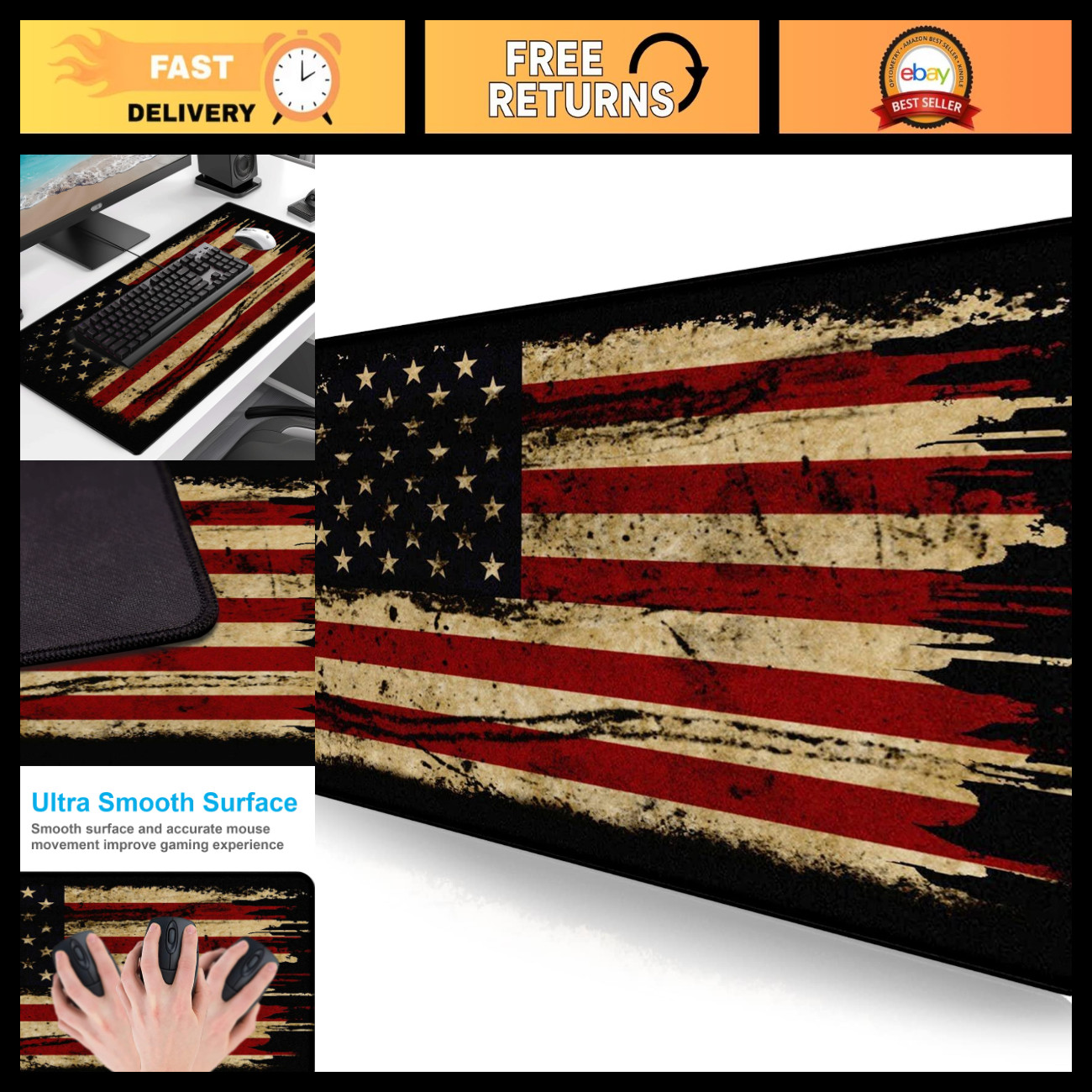 XL Retro American Flag Gaming Mouse Pad - Durable Stitching Edge Desk Mat