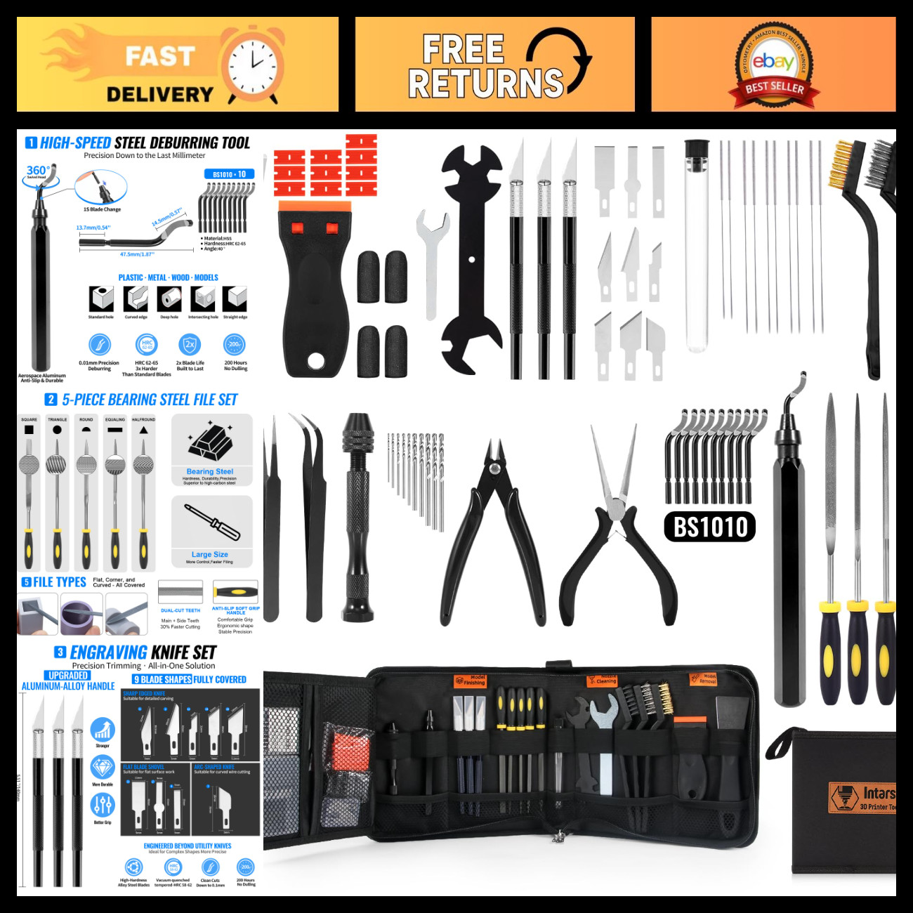 68Pcs 3D Printer Tools Kit with Case - Deburring, Scrapers, Files, Brushes, Twee