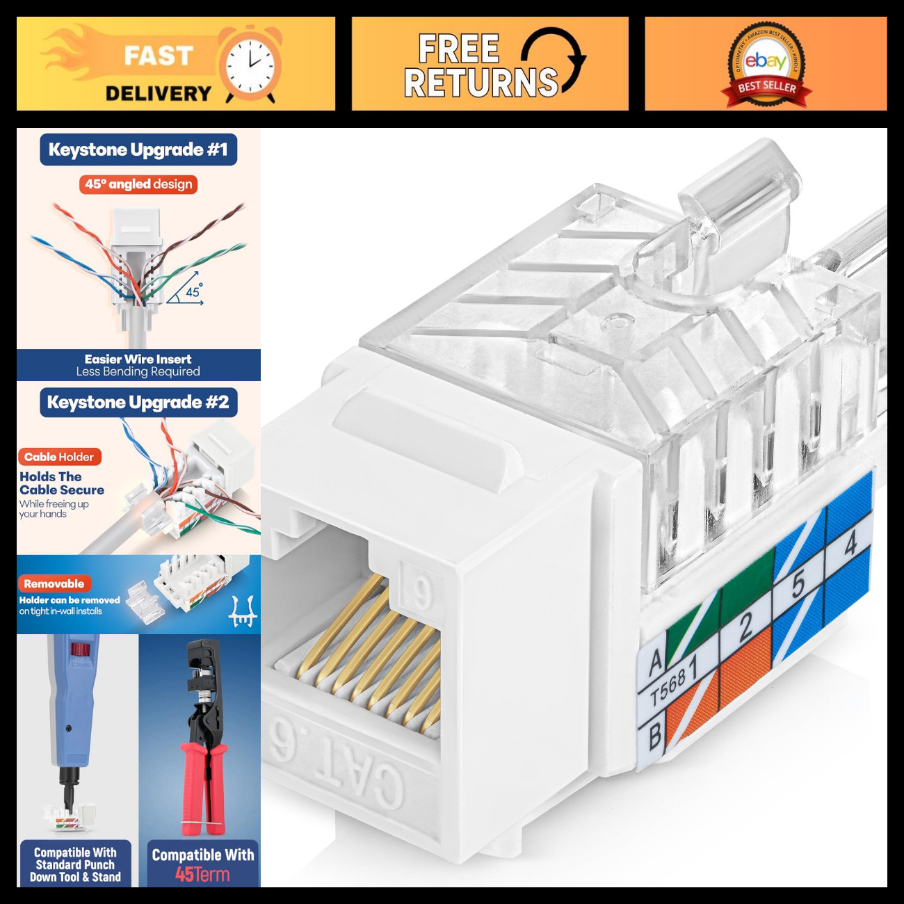 45° RJ45 Cat6 Keystone Jacks Slim Profile 100-Pack - White Network Connectors
