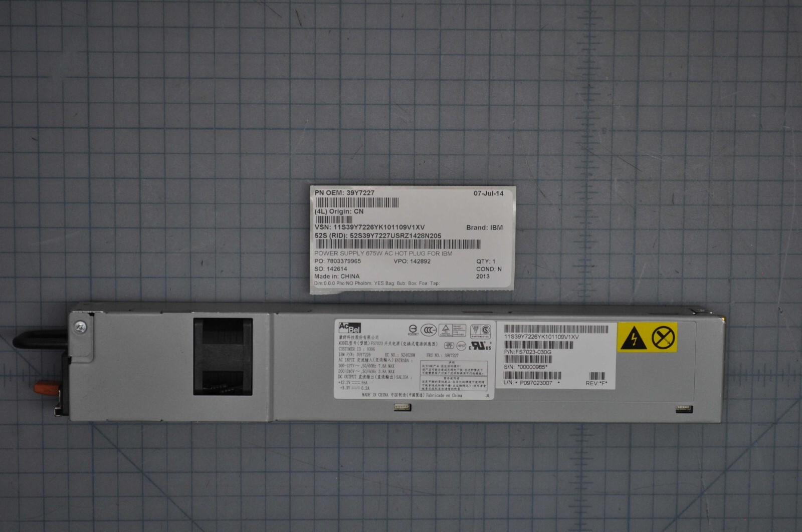 NEW IBM POWER SUPPLY 675W AC HOT PLUG FOR IBM SYSTEM X3550 M3 / X362 39Y7227