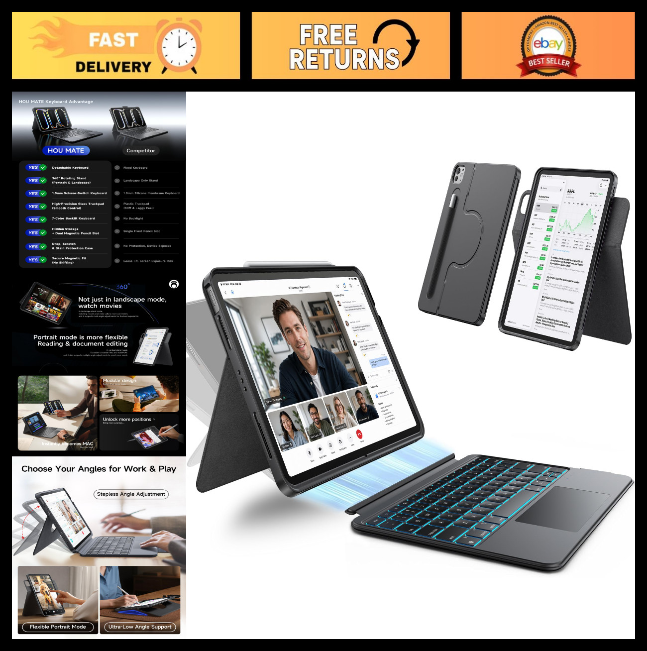 360° Rotating Detachable Keyboard Case for iPad Pro 11" M5/M4 - Slim & Stylish D