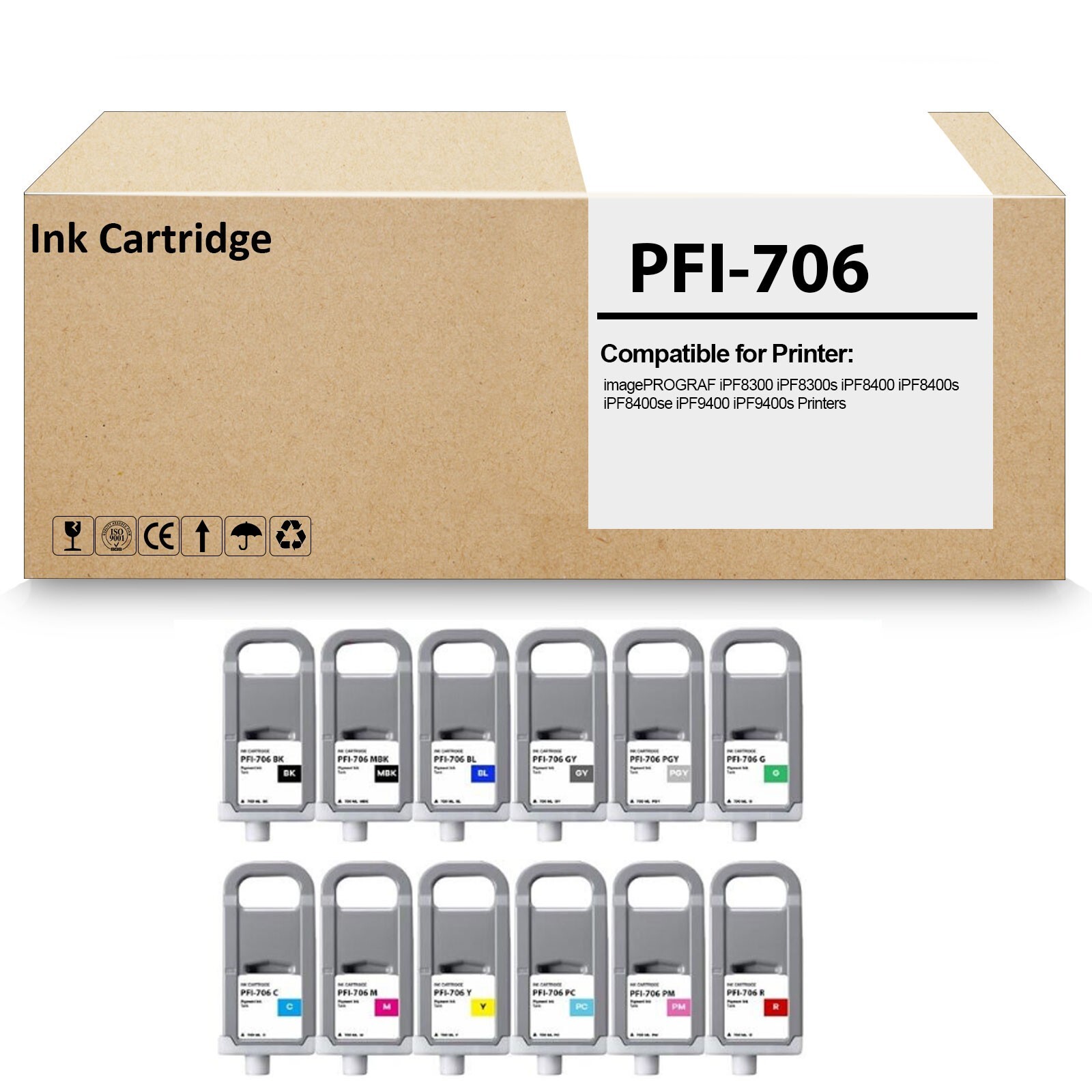 12 Pack PFI706 Ink Tank Cartridge Compatible for imagePROGRAF iPF8300 iPF8300S