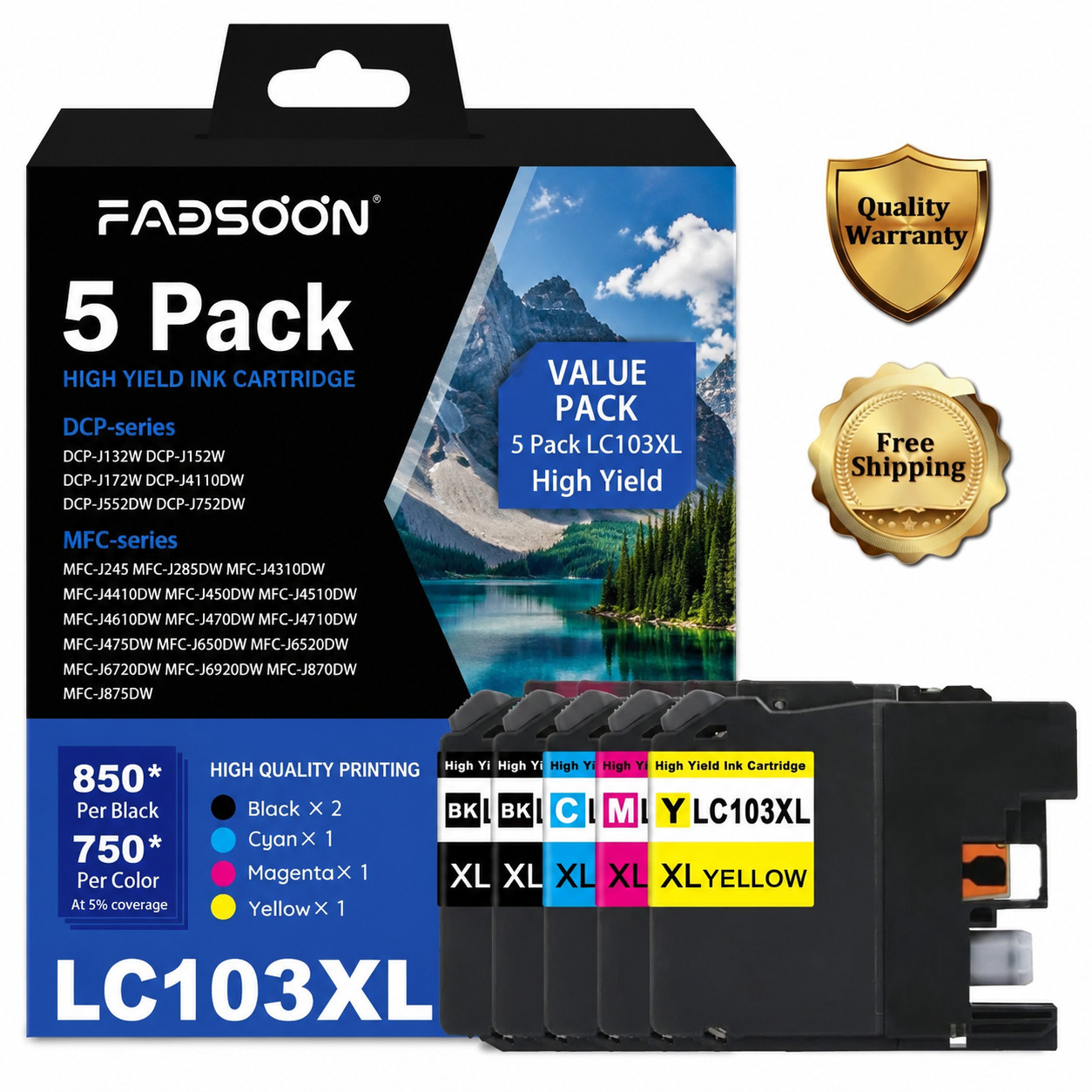 LC103XL 5PK 2BK/C/M/Y Ink for DCP-J152W MFC-J245 MFC-J450DW MFC-J470DW MFCJ870DW