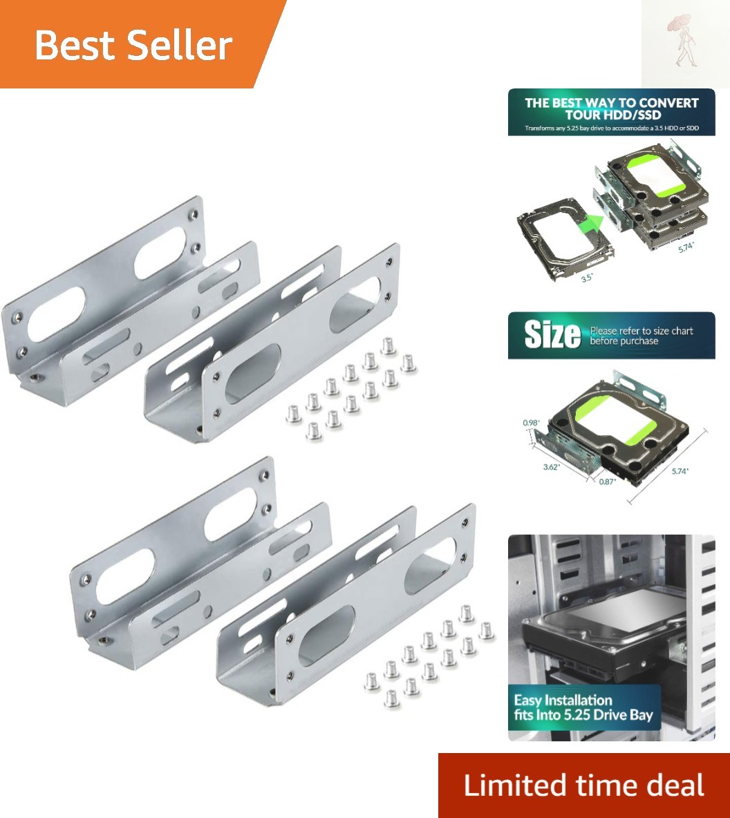 2 Pack Metal Mounting Brackets - Convert 3.5" HDD to 5.25" Bay for Easy Storage