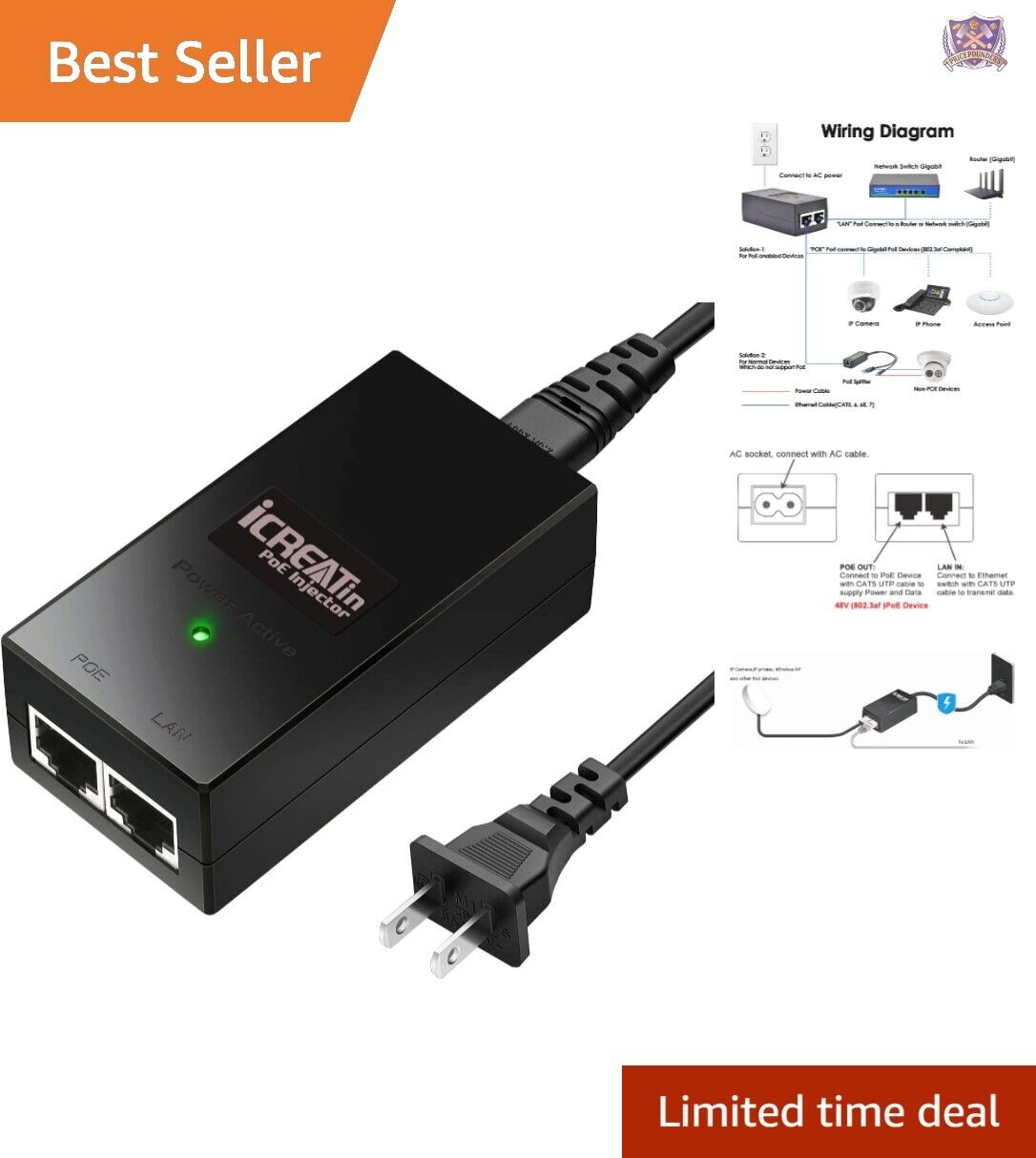 Easy Plug-and-Play POE Injector - 48V 15.4W Power Over Ethernet - 2Gbps Speed