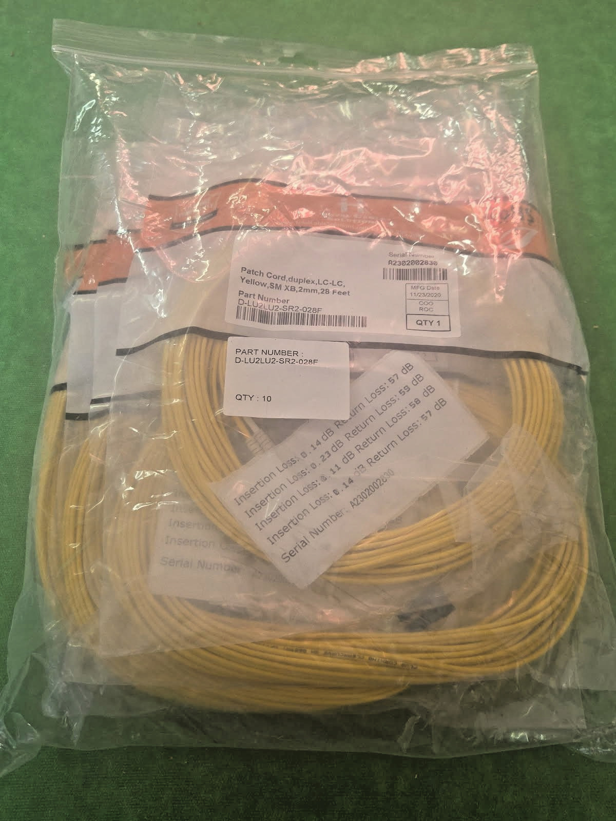Singlemode Duplex LC/UPC LC/UPC Yellow Fiber Patch Cable 28 Feet NEW  10 Pack