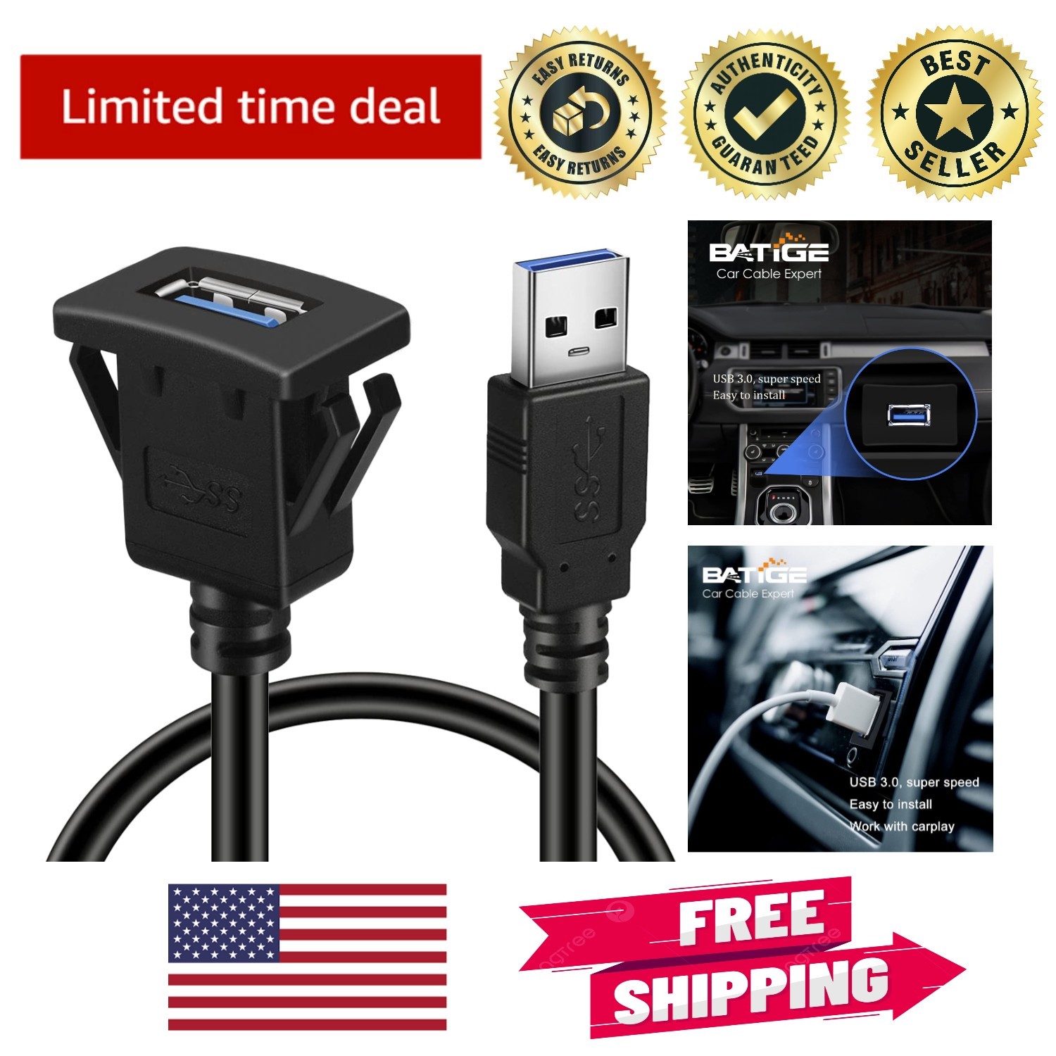 1ft USB 3.0 Extension Cable with Flush Mount for Effortless Vehicle Connectivity
