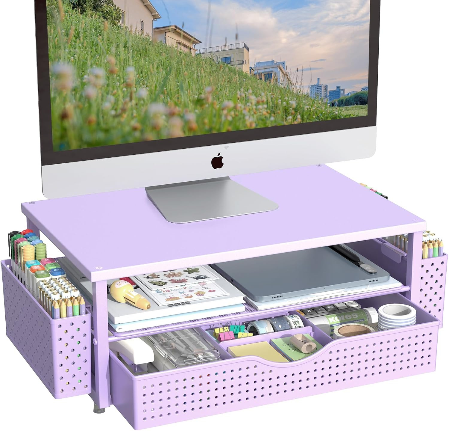 Desk Organizer and Accessories, Computer Monitor Stand Riser with Drawer and 2 P