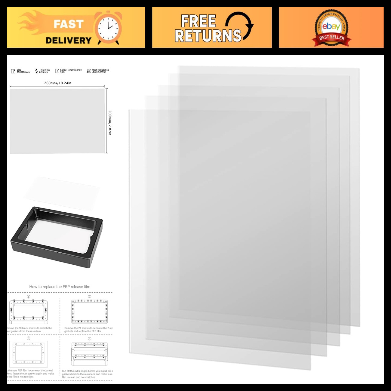 6 PCS FEP Film for Resin 3D Printers - 260x200mm, Compatible with Mars, Saturn,
