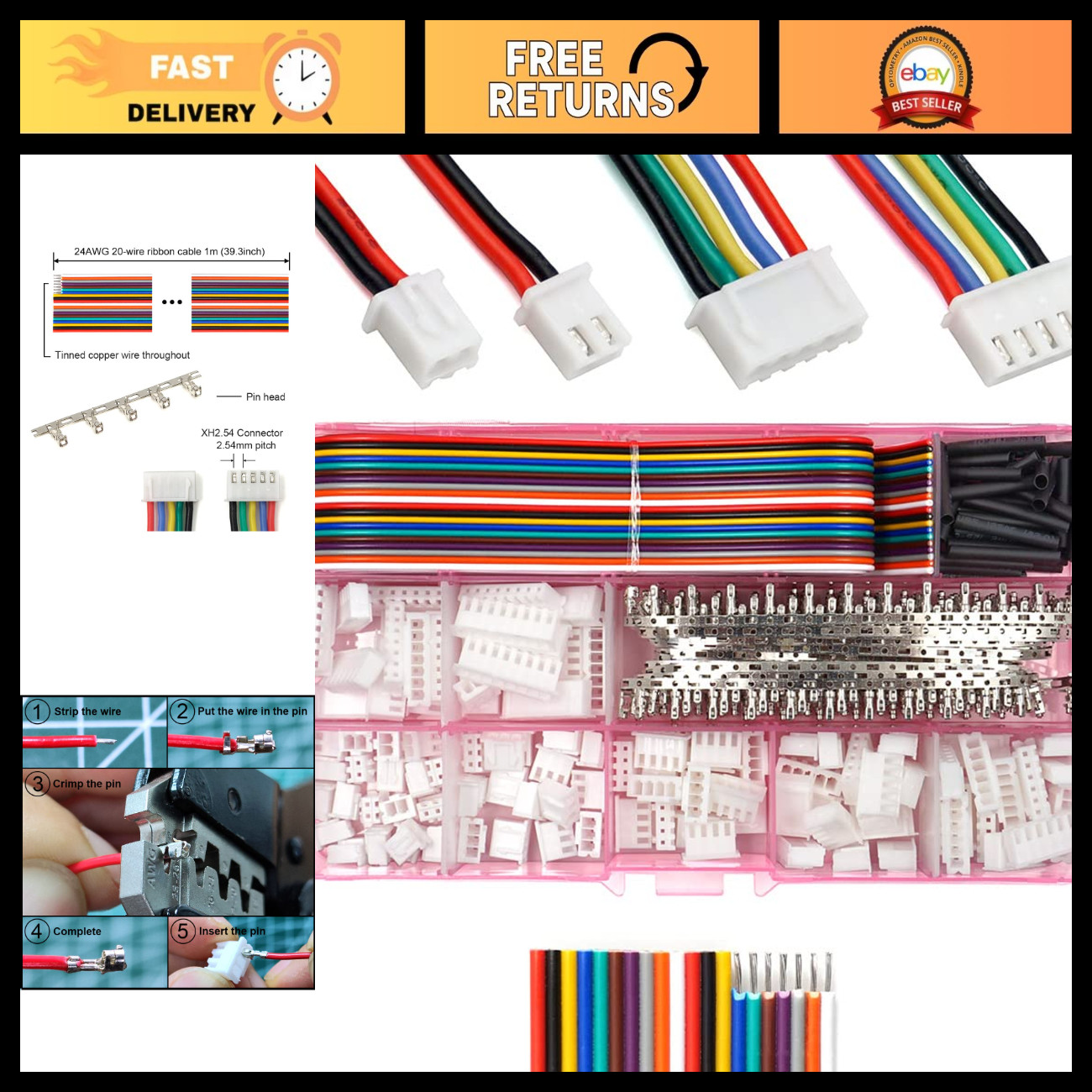 2.54mm Pin Header & Ribbon Cable Kit, JST-XH Compatible, 2-8 Female Connectors