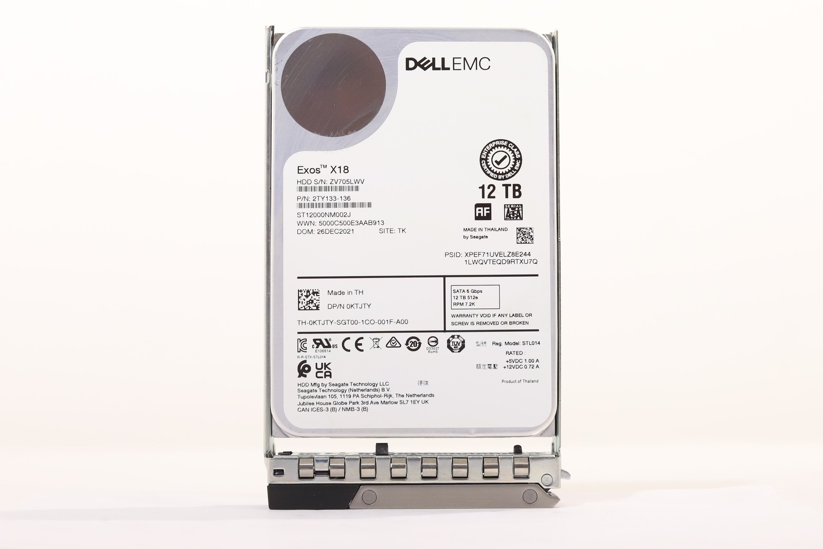 Dell ST12000NM002J 12TB 3.5" 6Gb/s 7.2K RPM 512e SATA HDD W/Caddy DP/N: 0KTJTY