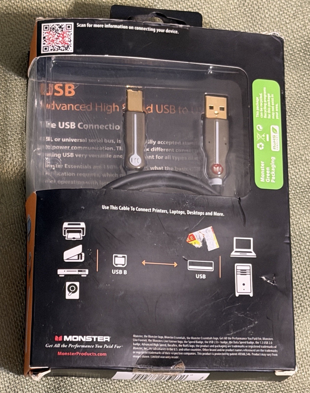 New - 12 Foot Monster Cable USB - High Speed Data USB Cable - USB to USB/B   NIB