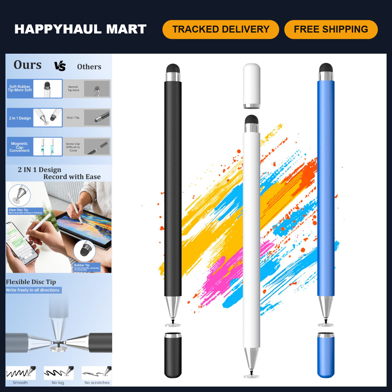 2-in-1 Touchscreen Stylus Pen Set - 3 Pack, Precision Fine Point & Universal Com