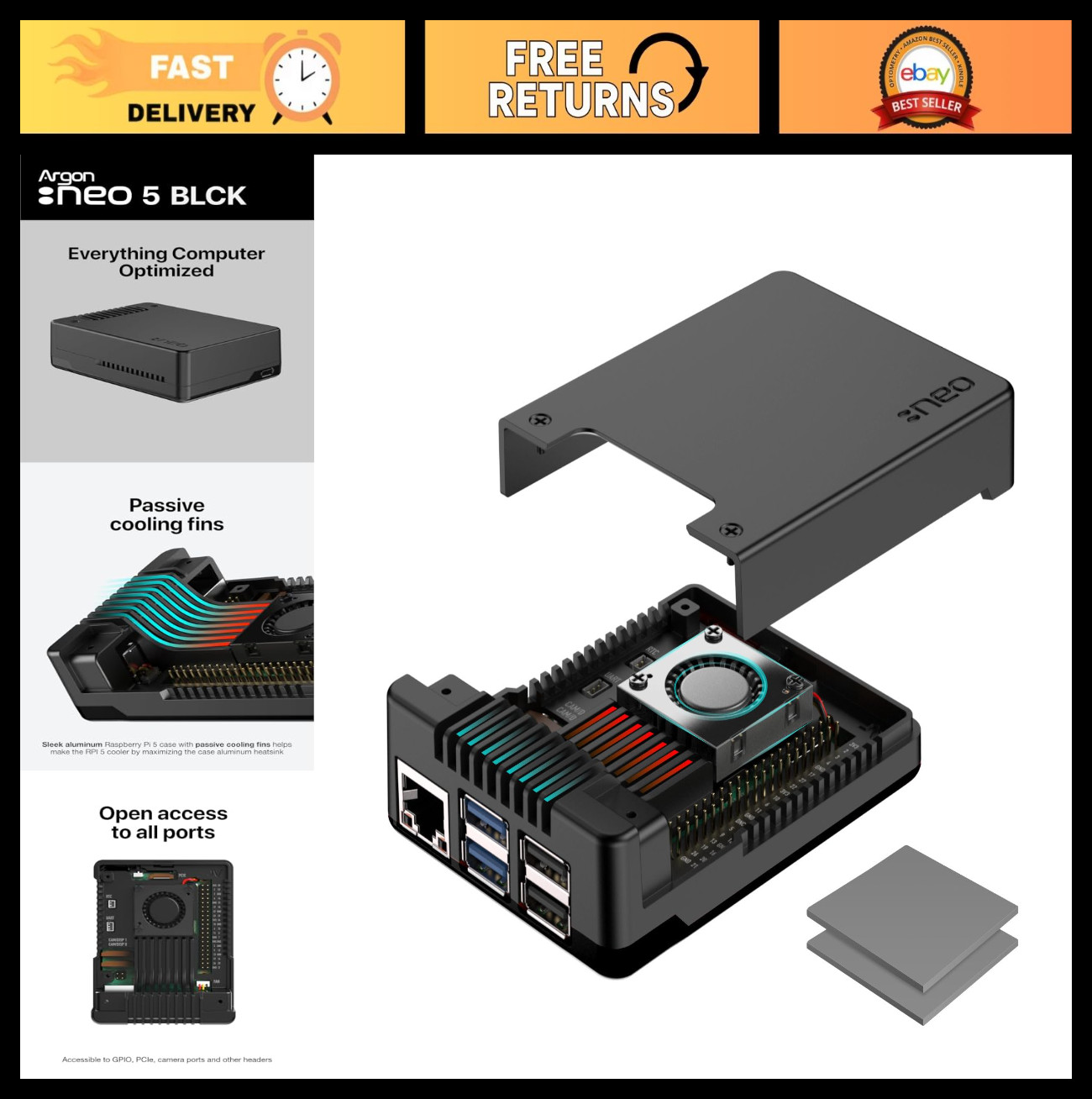 Aluminum Case for Raspberry Pi 5 with Built-in Fan - Cooling, Durable, Black