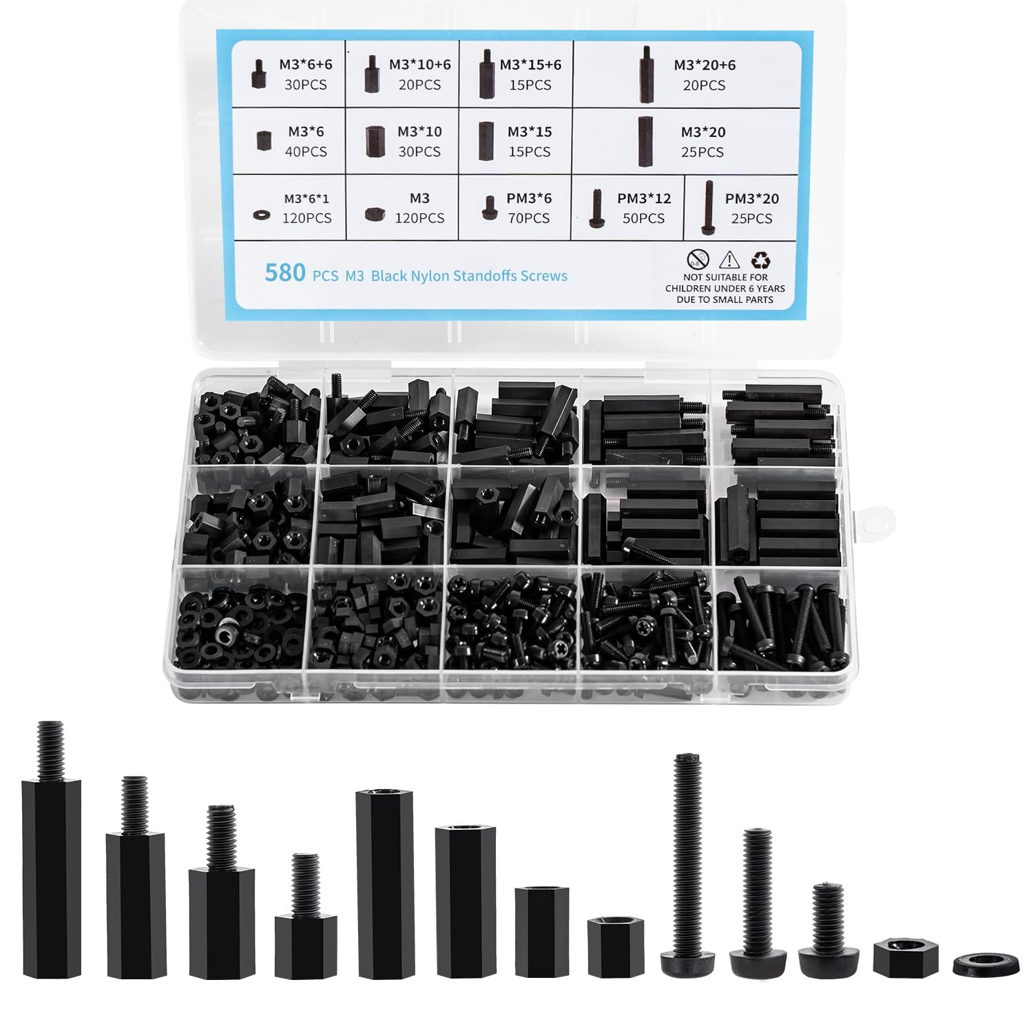 580 PCS M3 Black Nylon Standoff Kit with Spacers, Screws, and Nuts