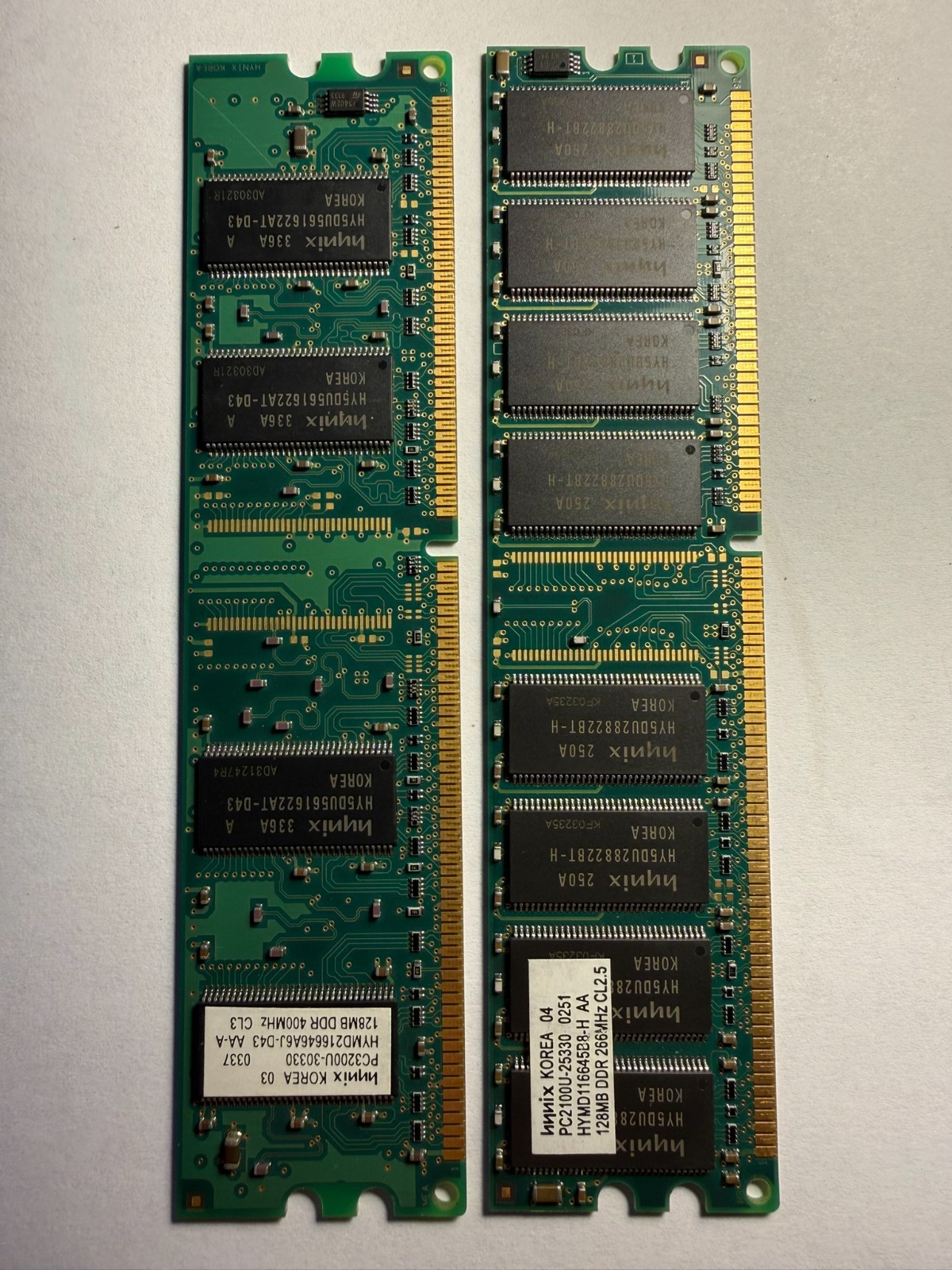 2x Hynix 128MB DDR Desktop Memory Lot – 1x PC3200 + 1x PC2100 184-Pin DIMM