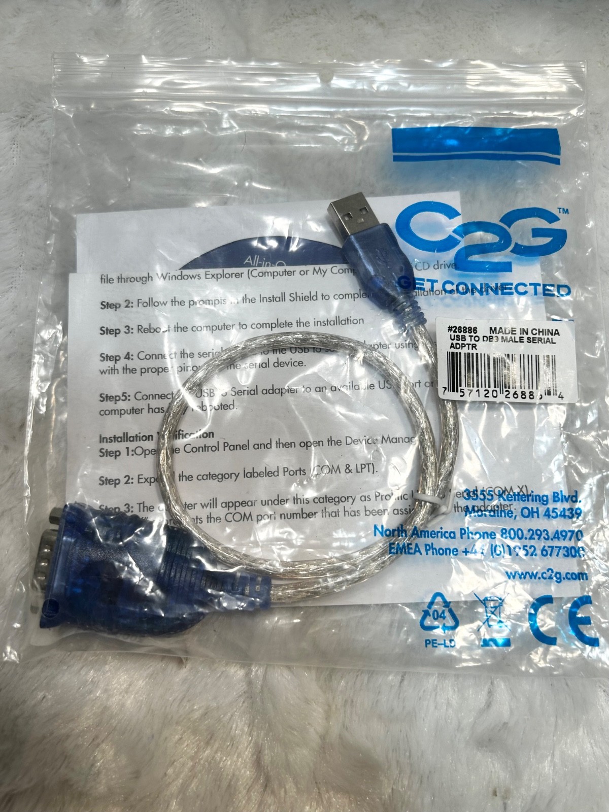C2G 26886 USB to DB-9 Male RS-232 Serial Adapter Cable 1 Foot Adapter Cord