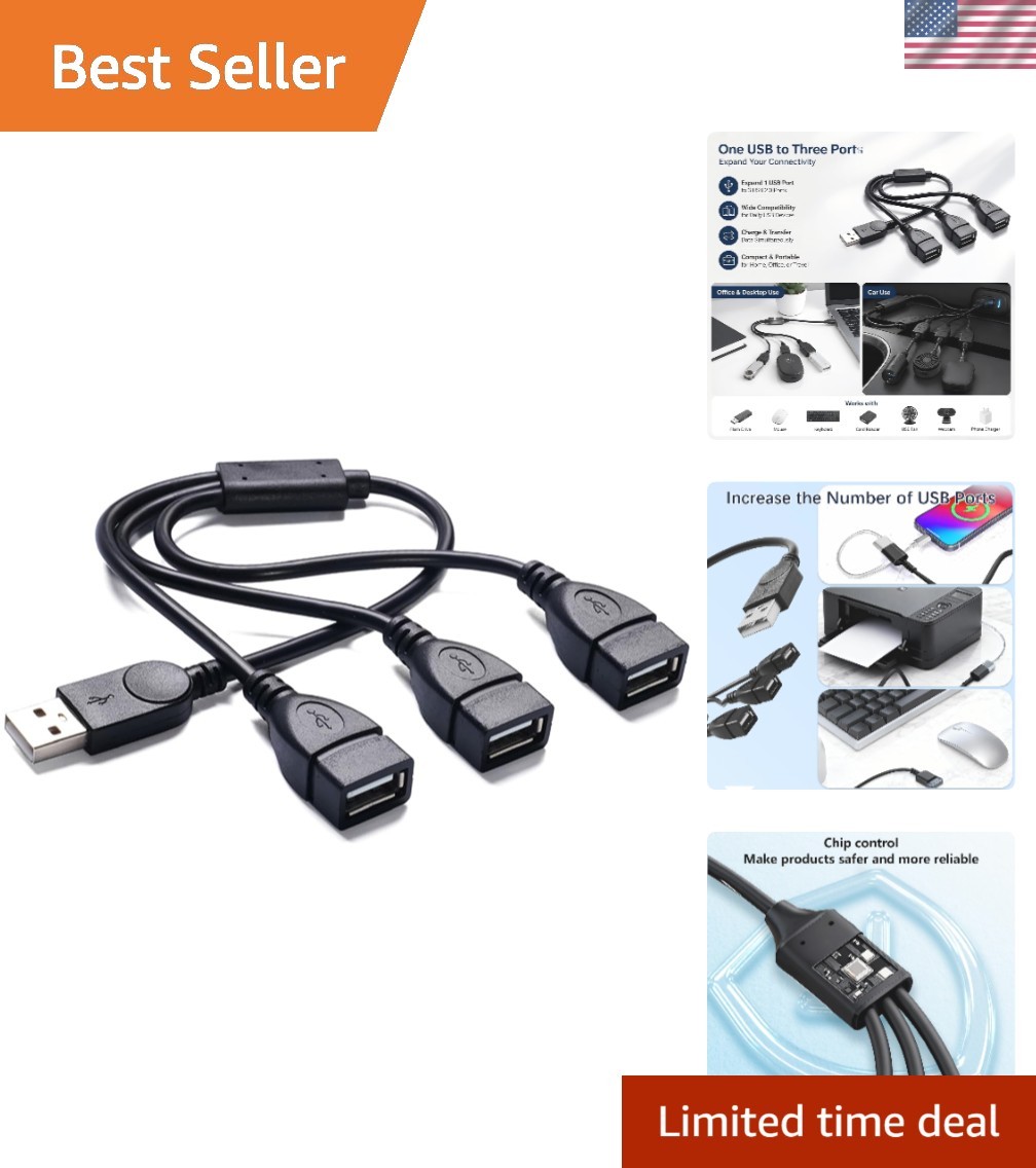 Lightweight USB 2.0 Splitter - 1 in 3 USB Ports for Easy Charging & Syncing