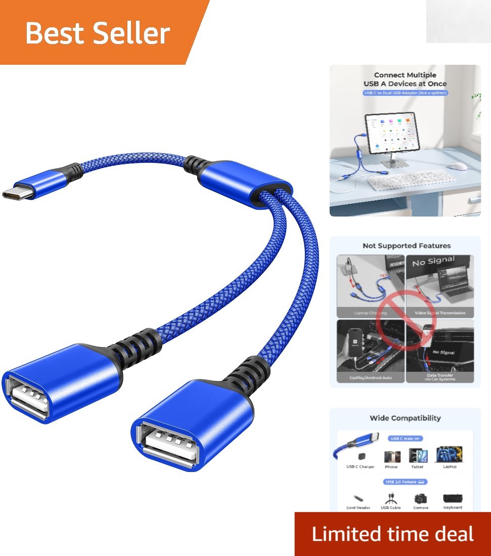 Nylon-Braided USB C to Dual USB Adapter - 1FT for Efficient Device Connection