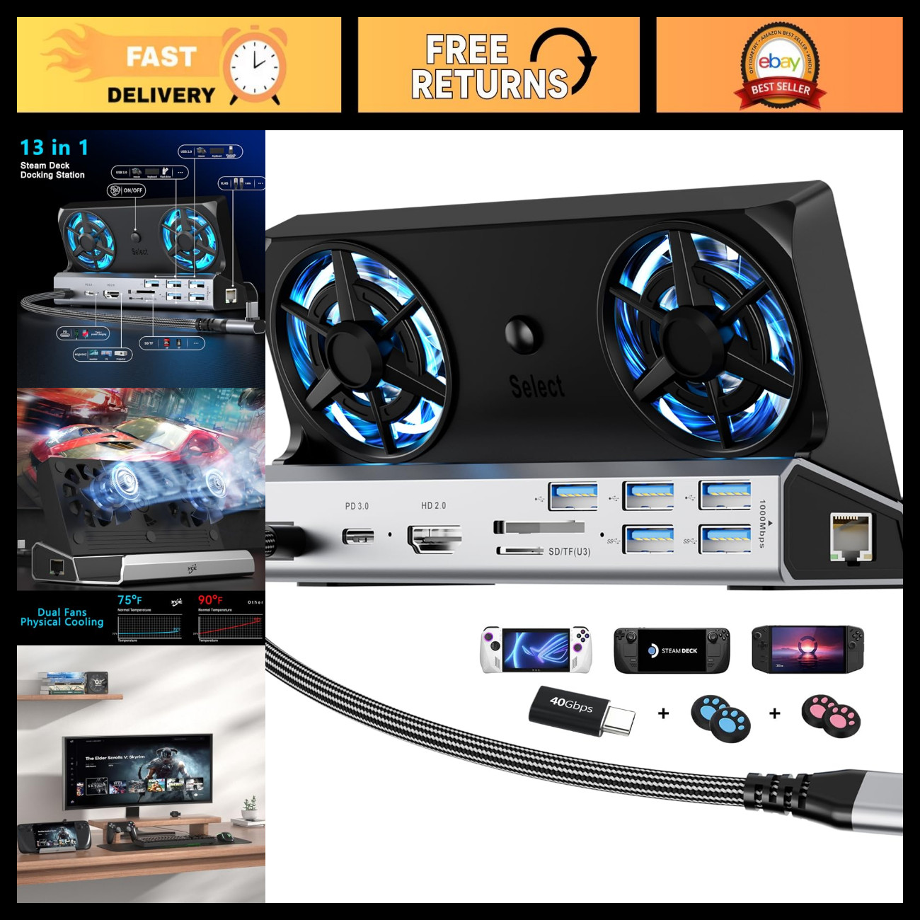 13-in-1 Steam Deck Dock for Switch, ROG Ally & Legion Go - Multi-Port Hub, Fast