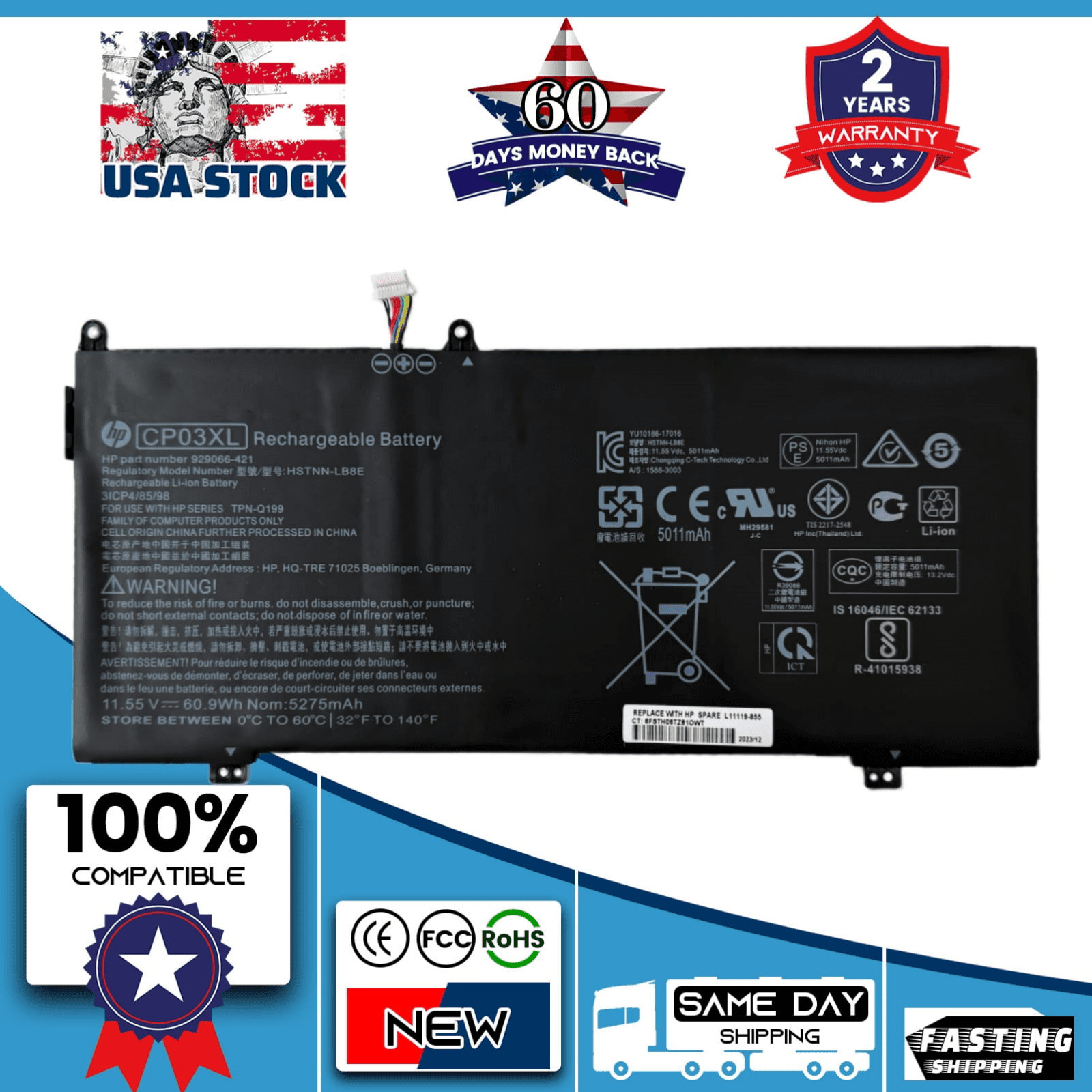 Genuine 60.9Wh CP03XL HSTNN-LB8E Battery for HP Spectre x360 13-ae000 929072-855