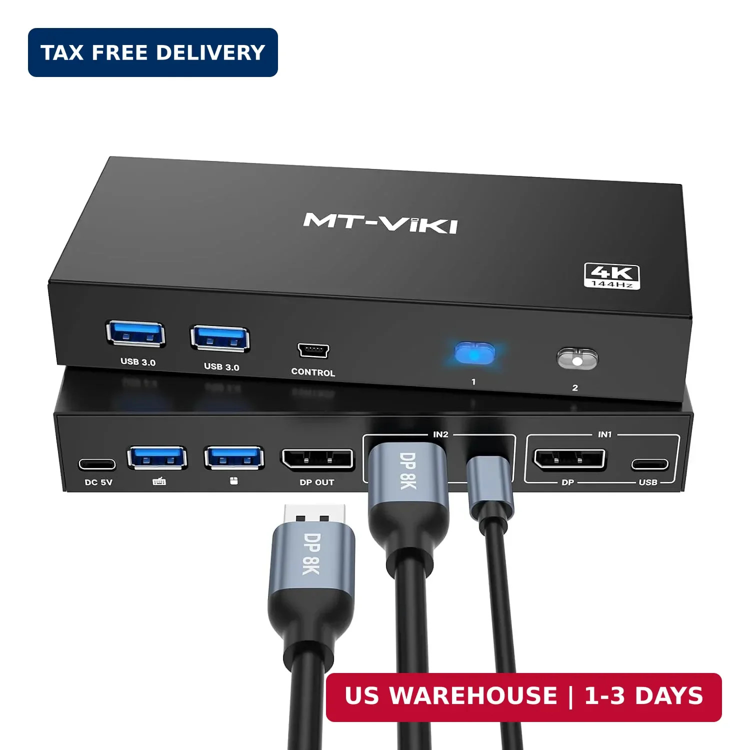 MT-VIKI 8K Displayport KVM Switch 2 in 1 Out DP1.4 with 4 USB 3.0 Ports, Support