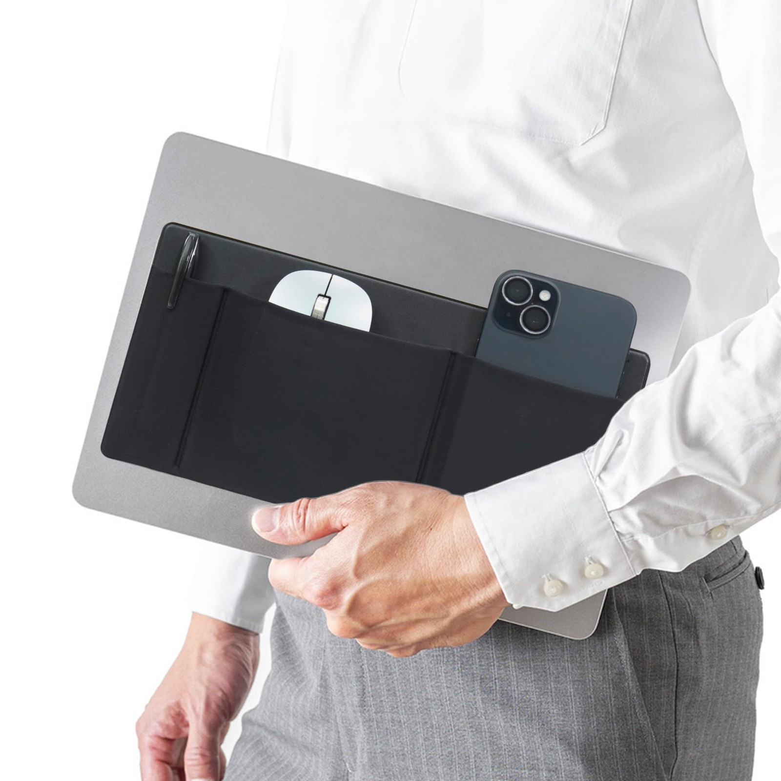 AMOZIFY® 3-Pocket Organizer, Mouse Holder for Laptop Stick On, Adhesive Black