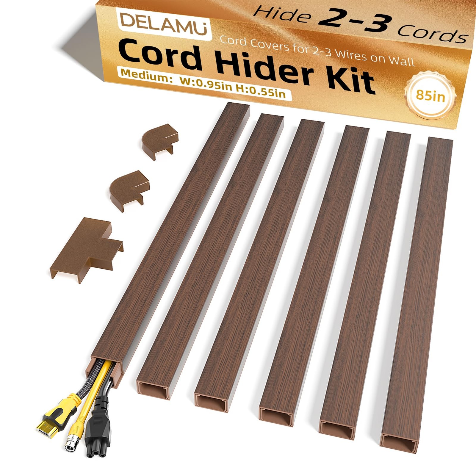 Cable Cover Raceway Wood Grain 23 Wires PVC Wall Mount Wire Hider 85in