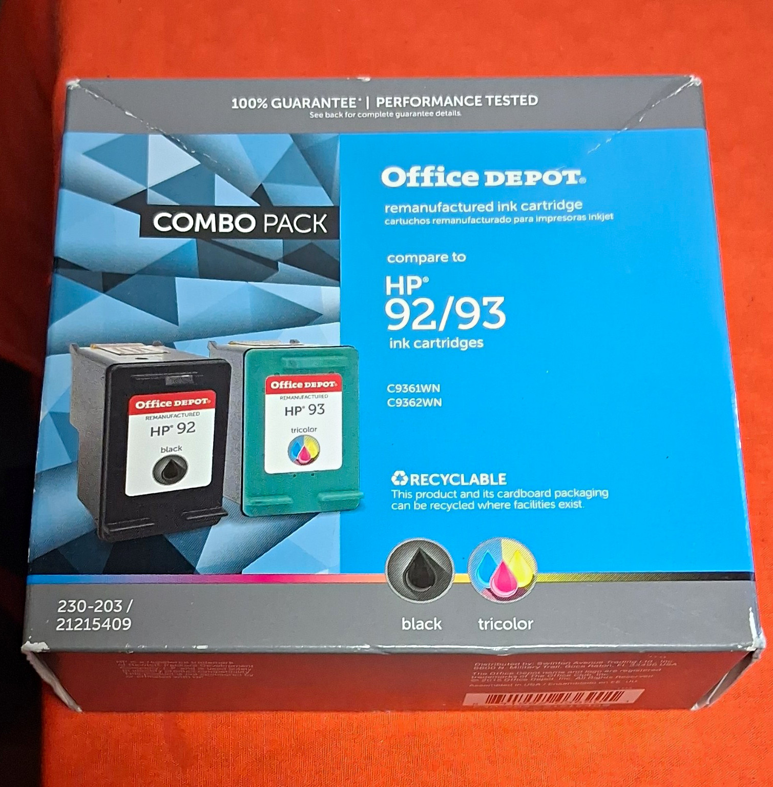 Office Depot HP 92/93 Black Tri-Color Inkjet Ink Cartridges Reman Multi Pack
