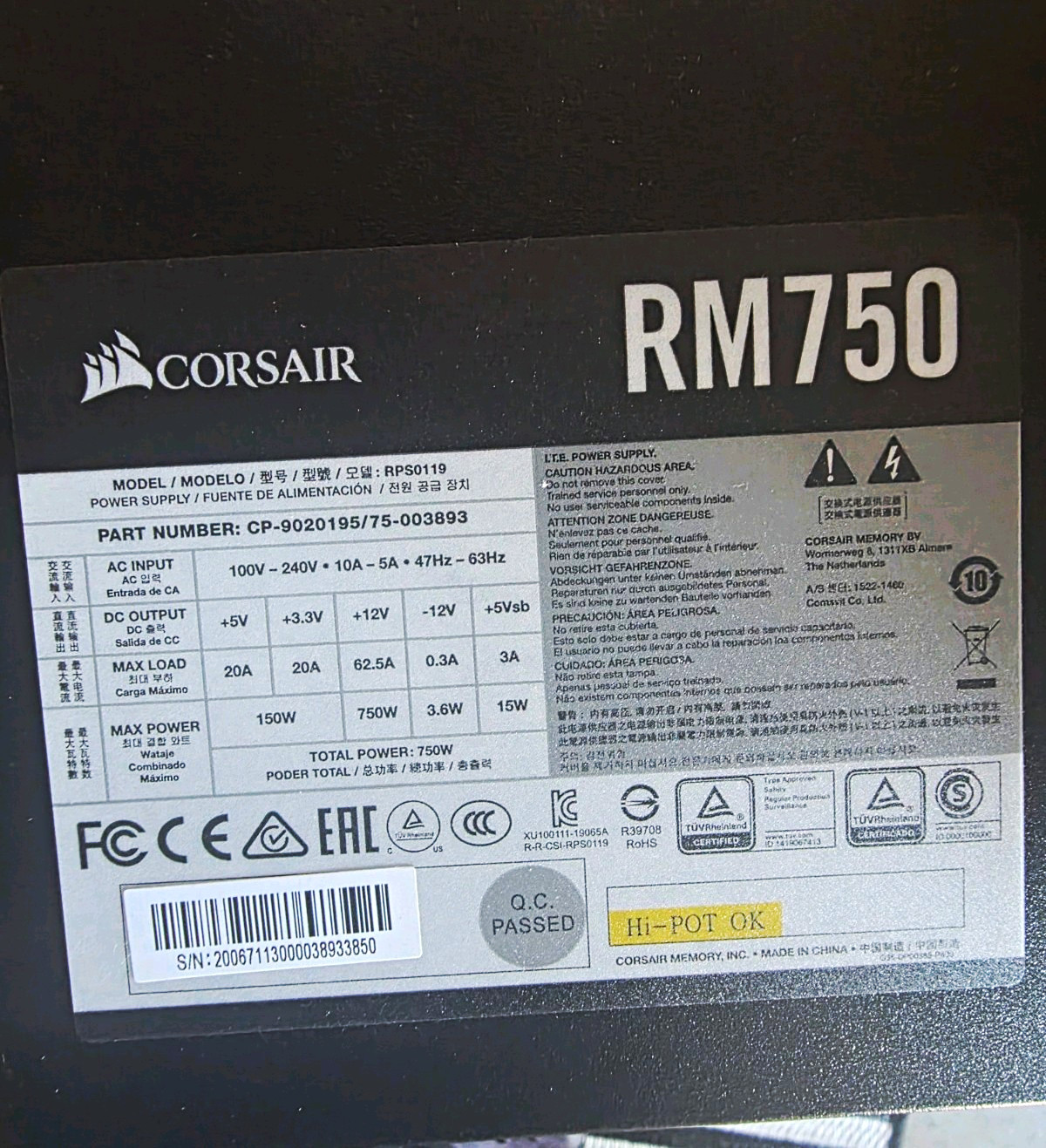 Corsair RM750 750W ATX Modular PSU Black 20+4 Pin CP-9020195