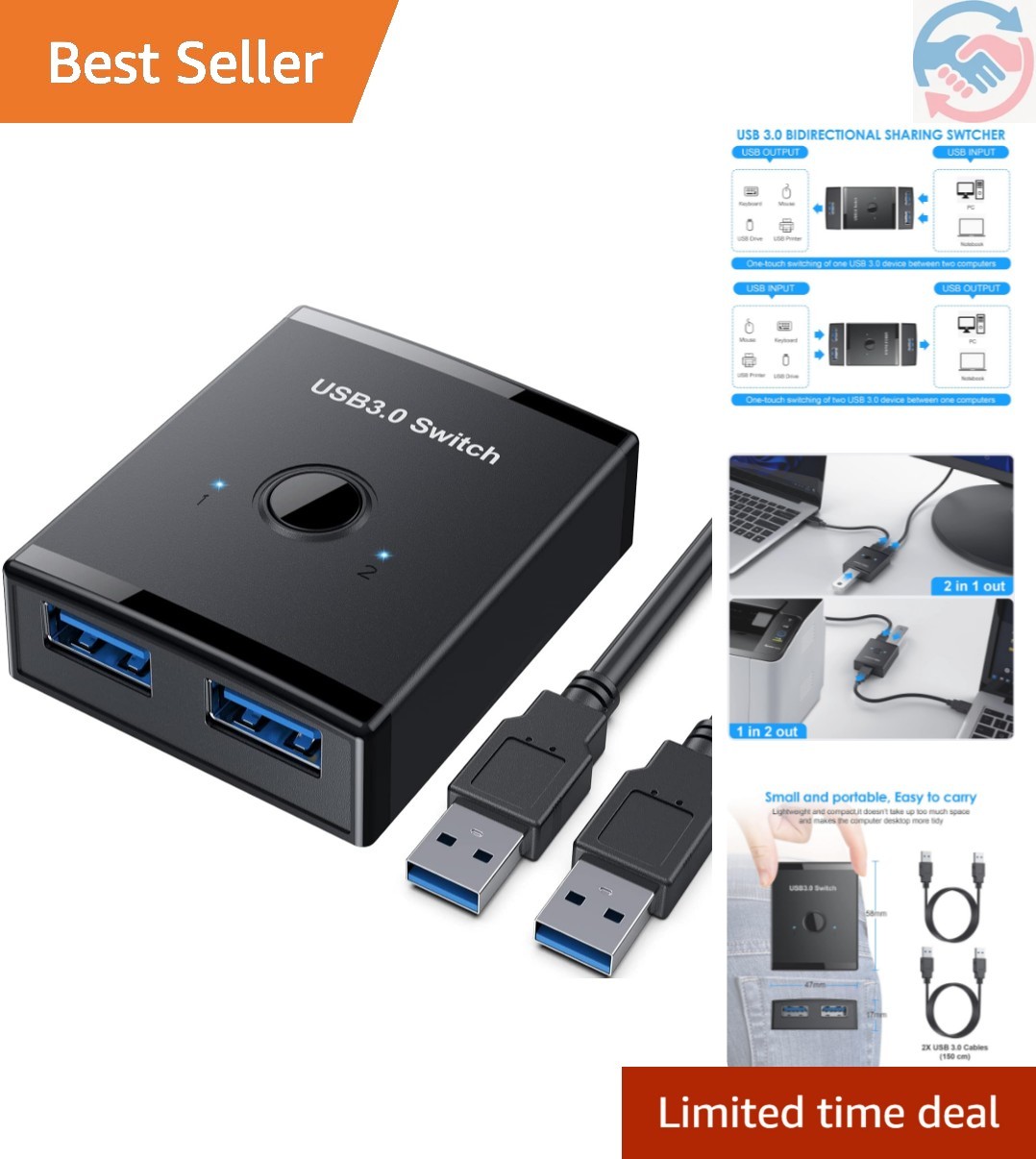Bi-Directional USB 3.0 Switch, 2 in 1 Out / 1 in 2 Out USB Switcher Selector,...