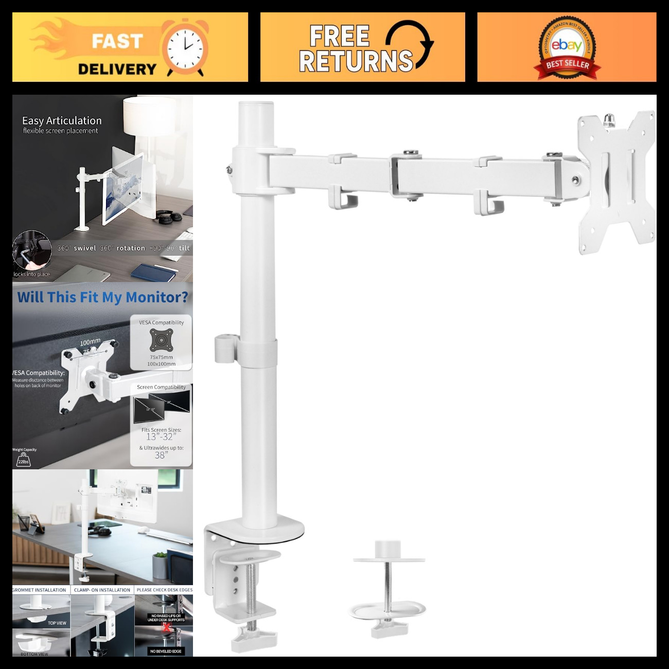 Fully Adjustable Single Monitor Arm Desk Mount for 32" & 38" Screens, VESA 75/10