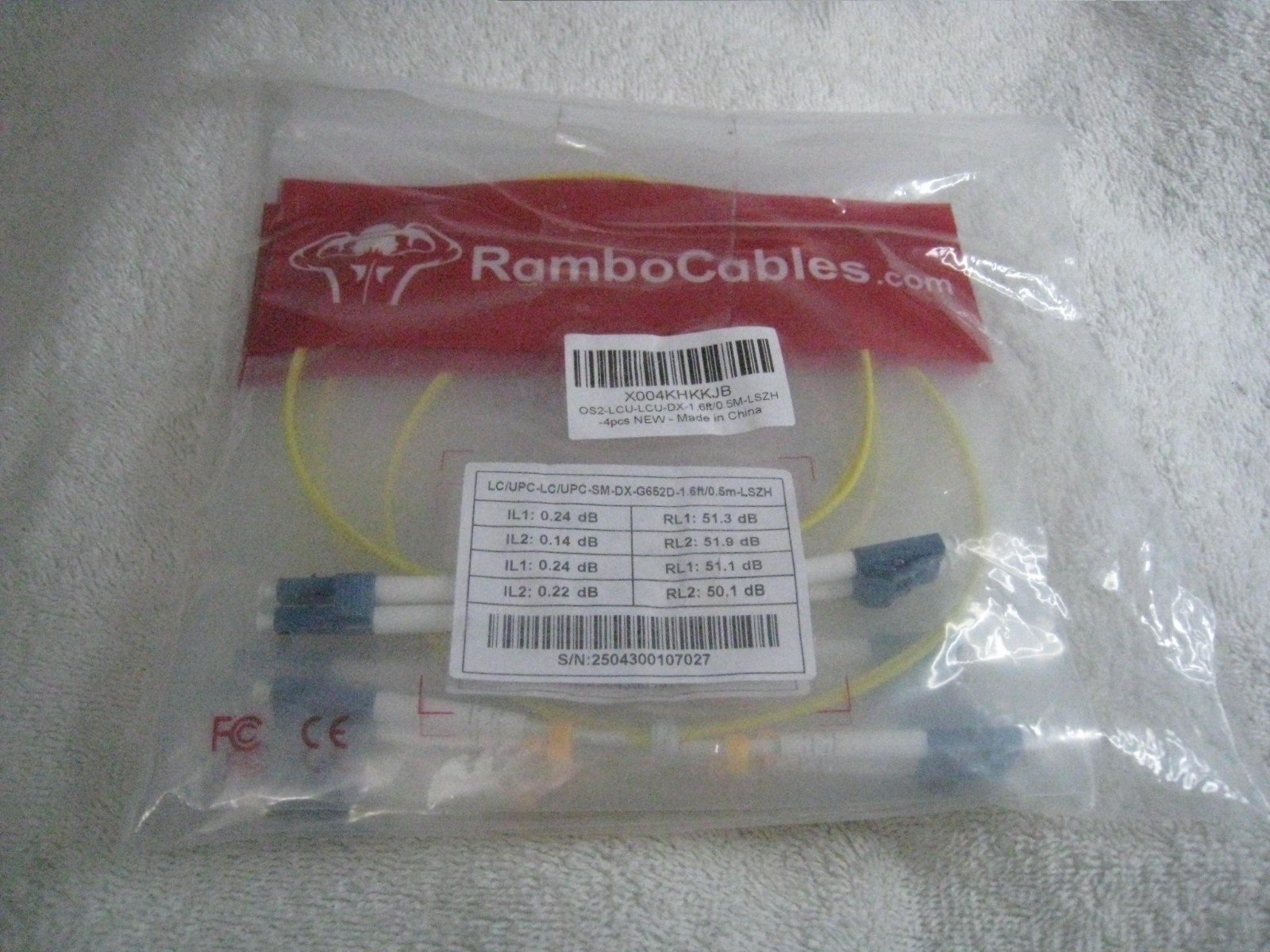 Rambo Cables OS2-LCU-LCU-DX-1 0.5M-LSZH (4 pcs) LC/UPC-SM-DX-G652D-1 NEW PACK