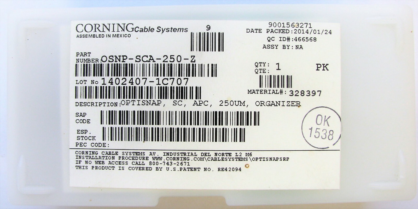 Corning OSNP-SCA-250-Z OptiSnap Connector 250 um SC Singlemode/SM APC 25 Pack