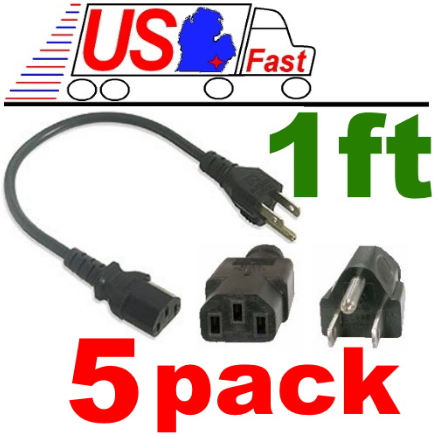 Lot5, 5pack 12"inch/1ft 18awg Short Standard Power Cord/Cable/Wire  IEC320 C13