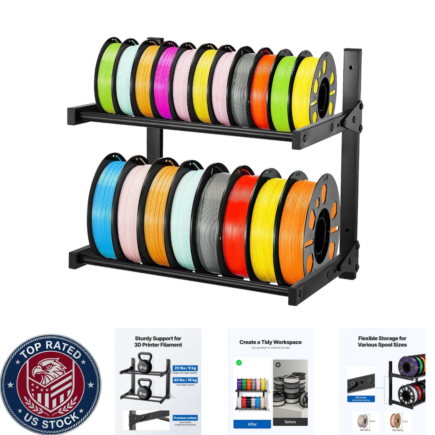 2-Tier Wall Mount 3D Printer Filament Storage Rack with Adjustable Spool Holders