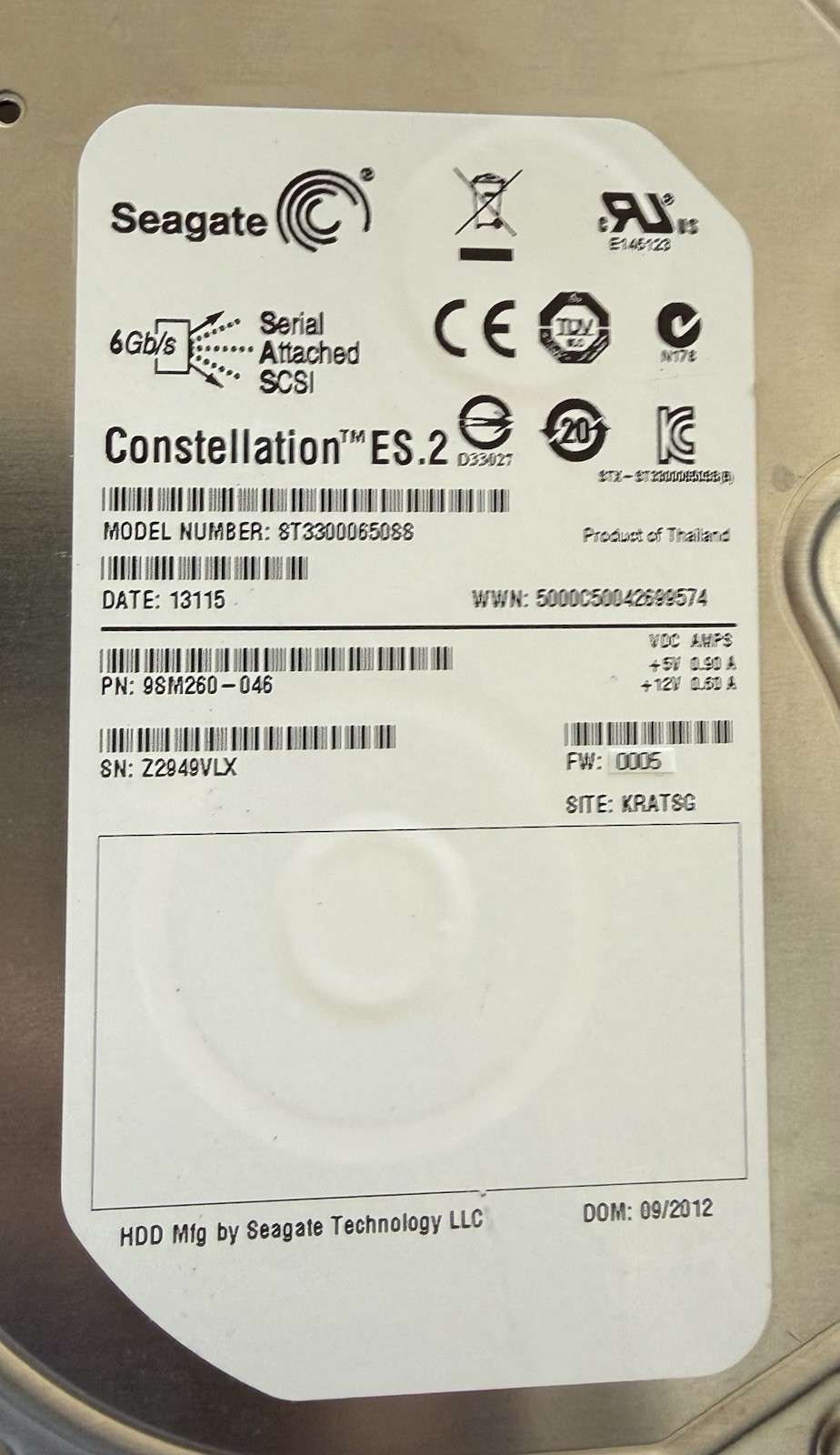 Seagate Constellation ES.2 3TB 3.5" SAS 6Gb/s HDD ST33000650SS 9SM260-046