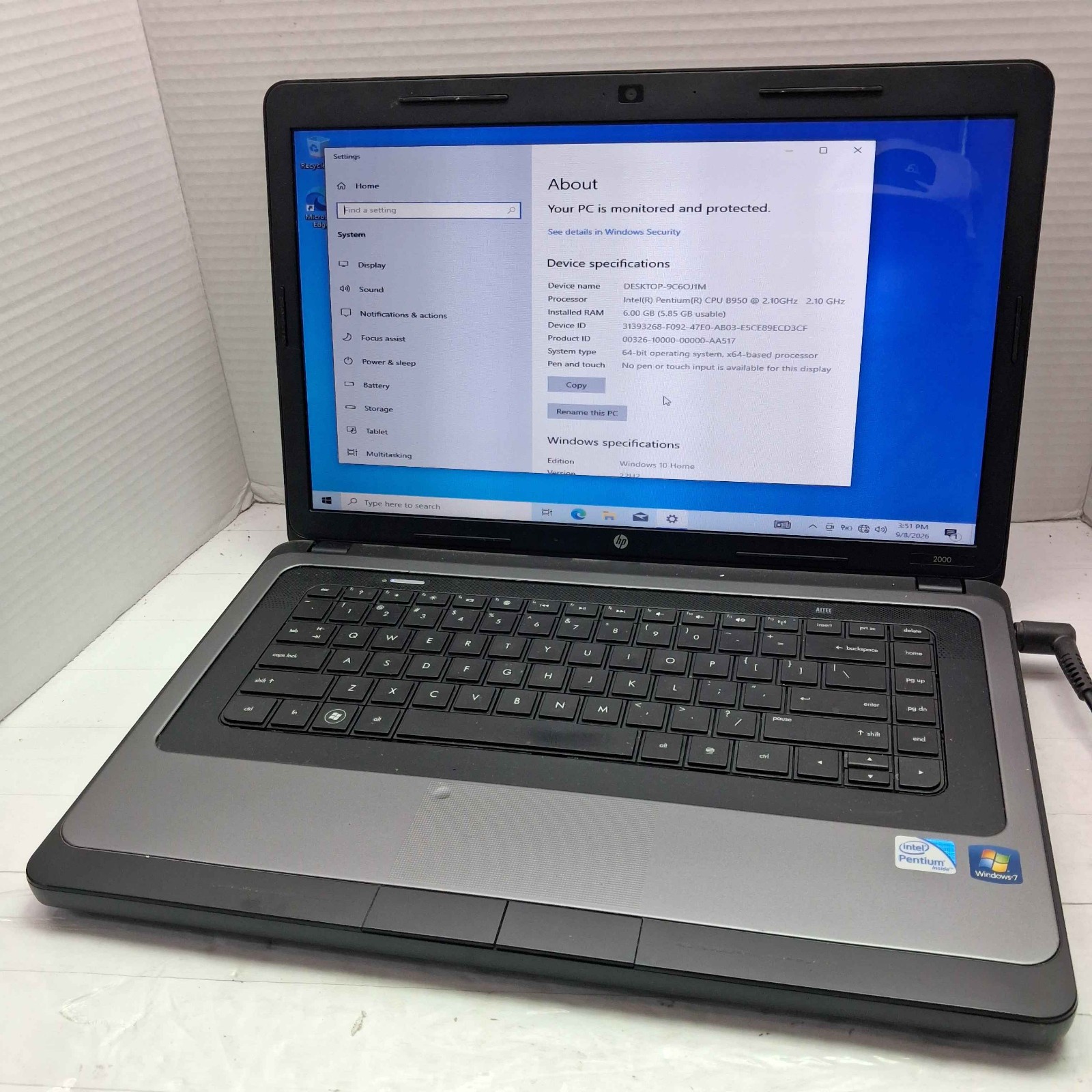HP 2000 15.6" Windows 10 Laptop Pentium B950 6GB RAM 250GB HDD No Batt ^