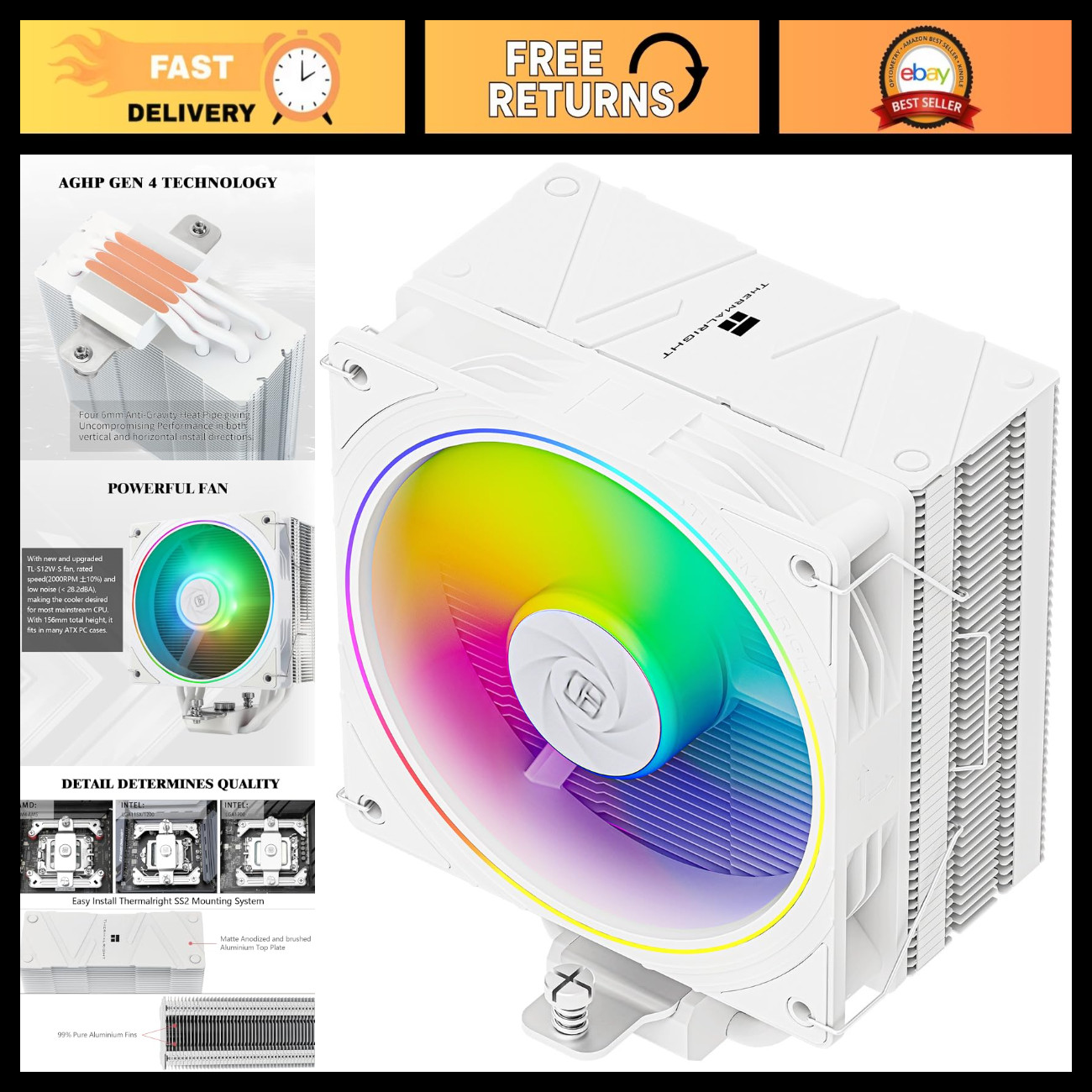 High-Performance 120mm ARGB CPU Air Cooler, PWM Quiet Fan, Low Noise, AM4/AM5/In