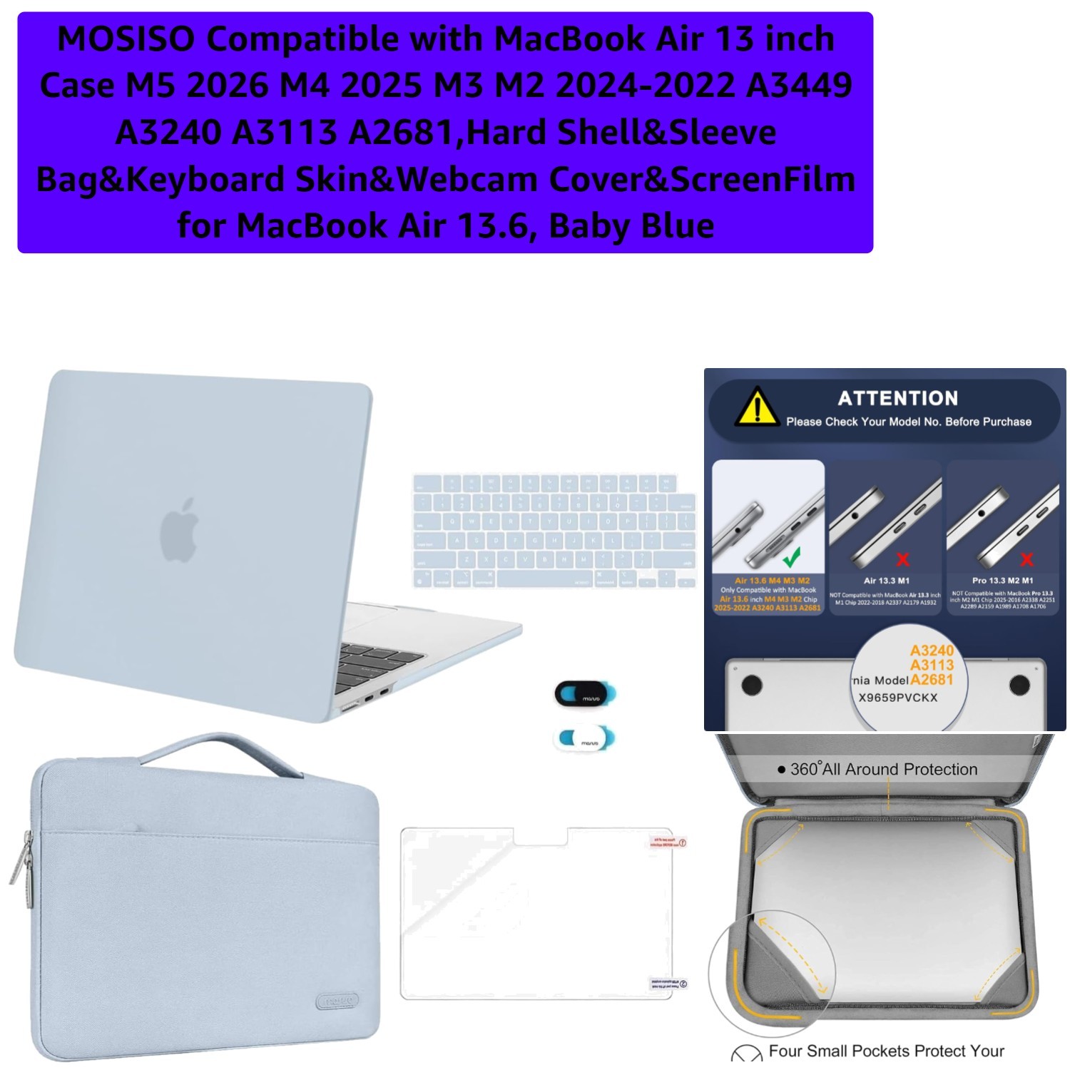 Elegant Baby Blue Hard Shell Case & Sleeve for MacBook Air 13" with Accessories