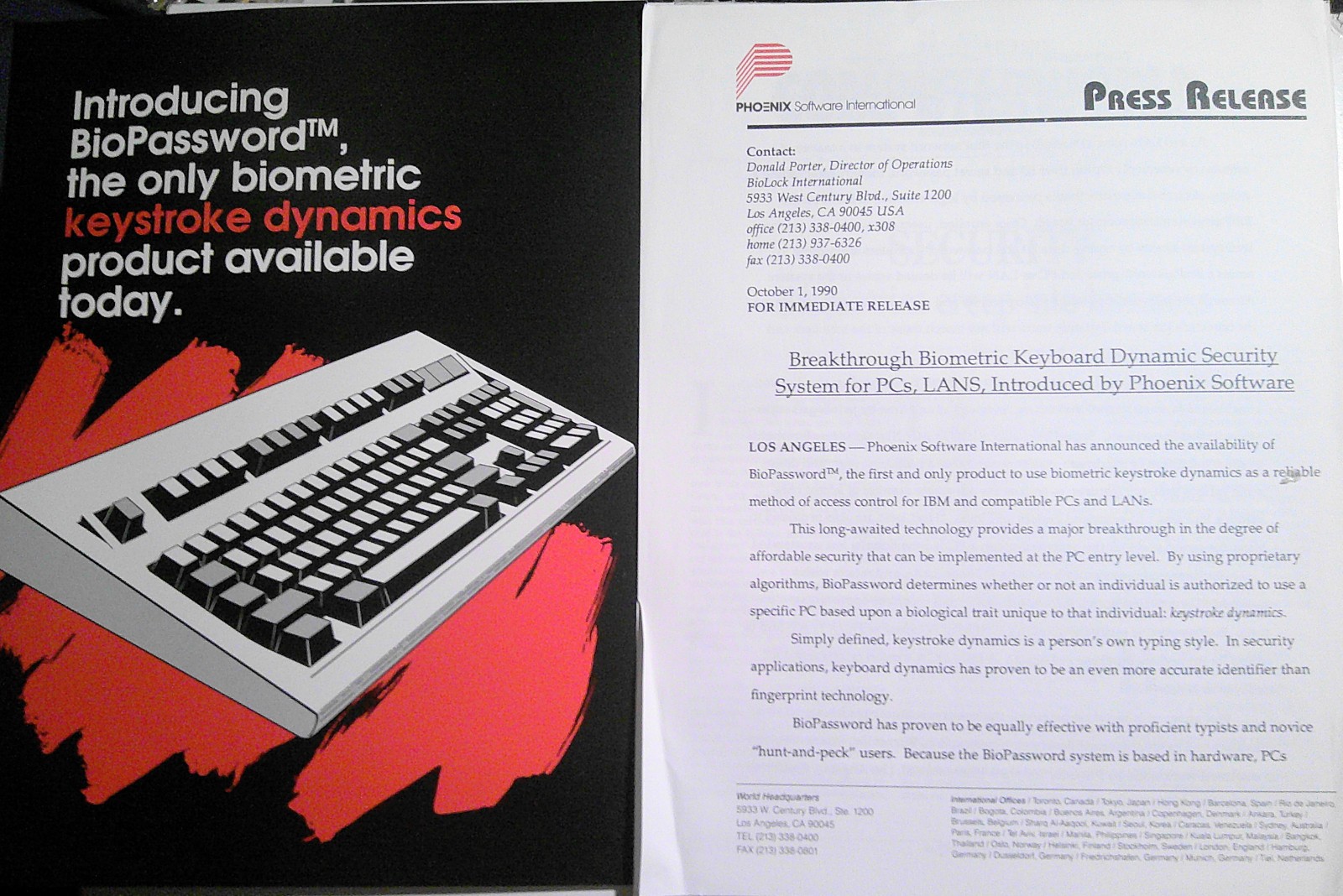 BioPassword - Press Kit, 1990 - biometric keystroke dynamics in security of PCs