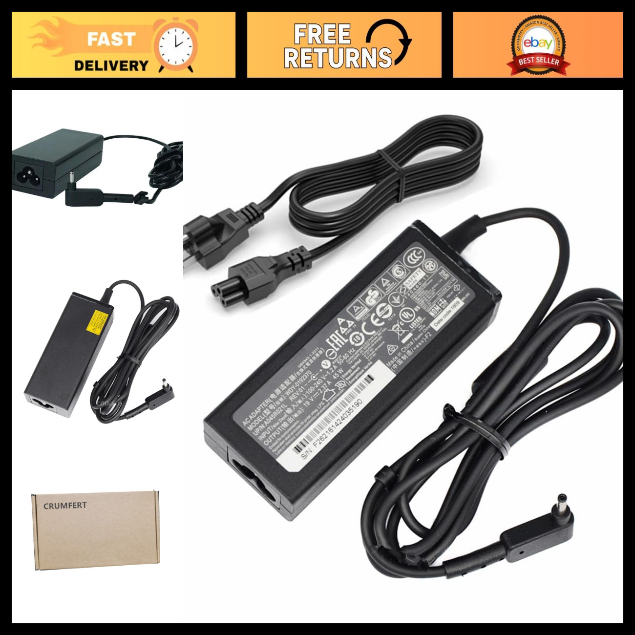 45W Laptop AC Adapter Charger 19V 2.37A Compatible with Chicony A18-045N2A