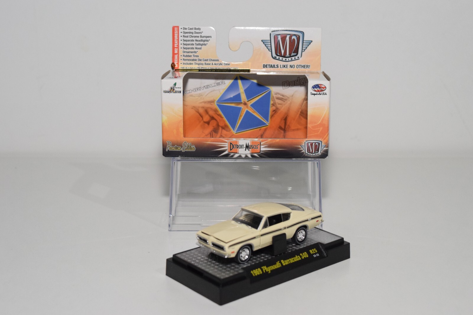 A94 1:64 3 INCH M2 1969 PLYMOUTH BARRACUDA 340 R25 14-14 CREAM MIB