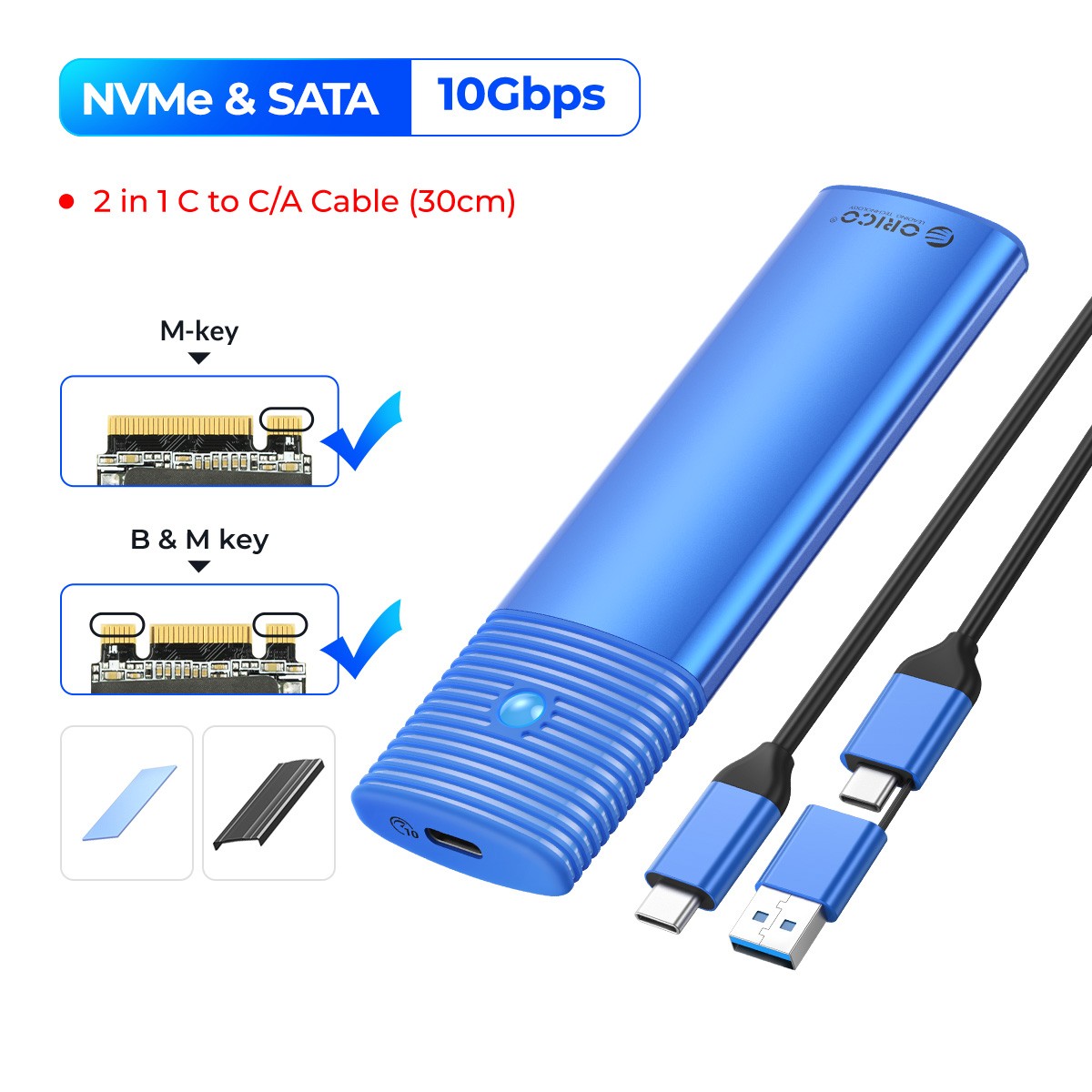 ORICO Dual Protocol M.2 SSD Enclosure, USB 3.2 10Gbps Adapter with 2-in-1 Cable