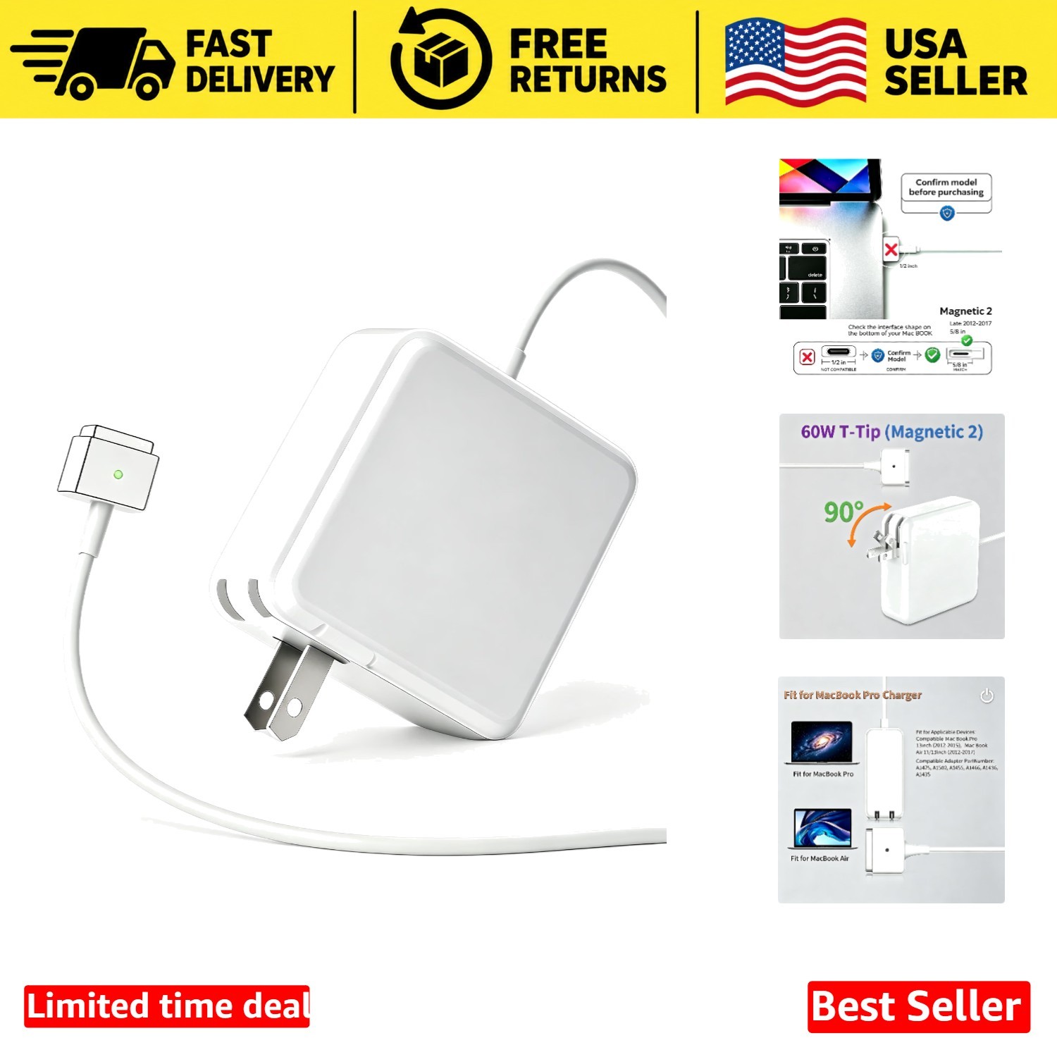 60W Magnetic T-Tip Charger for MacBook Air Pro 11 13 Inch