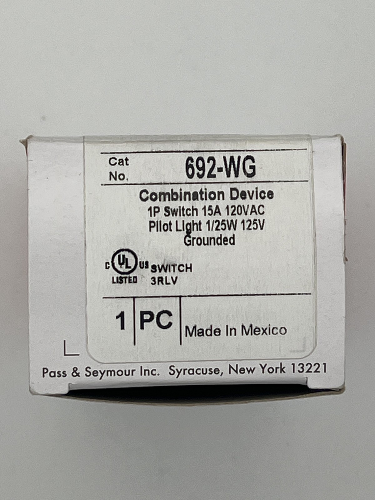 Pass & Seymour 692-WG 15A Toggle Switch Pilot Light NOS UL